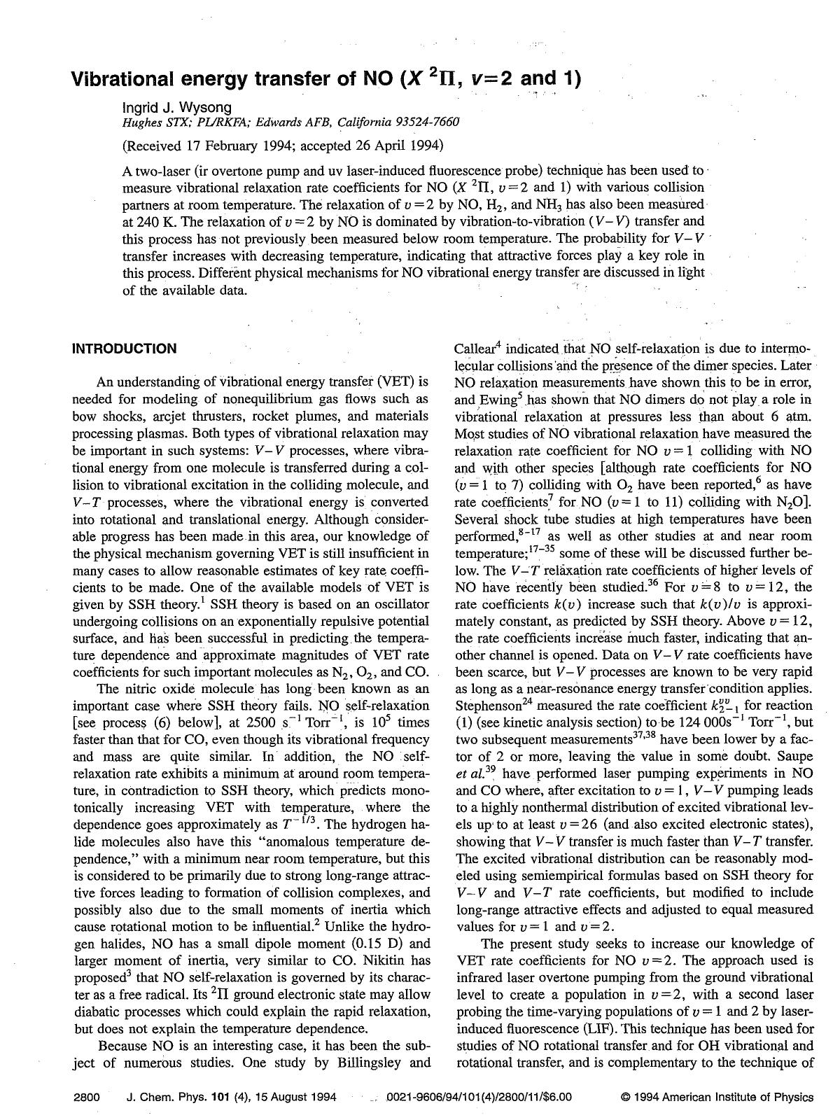 Vibrational energy transfer of NO (X 2&Pgr;, v=2 and 1) by Ingrid J. Wysong