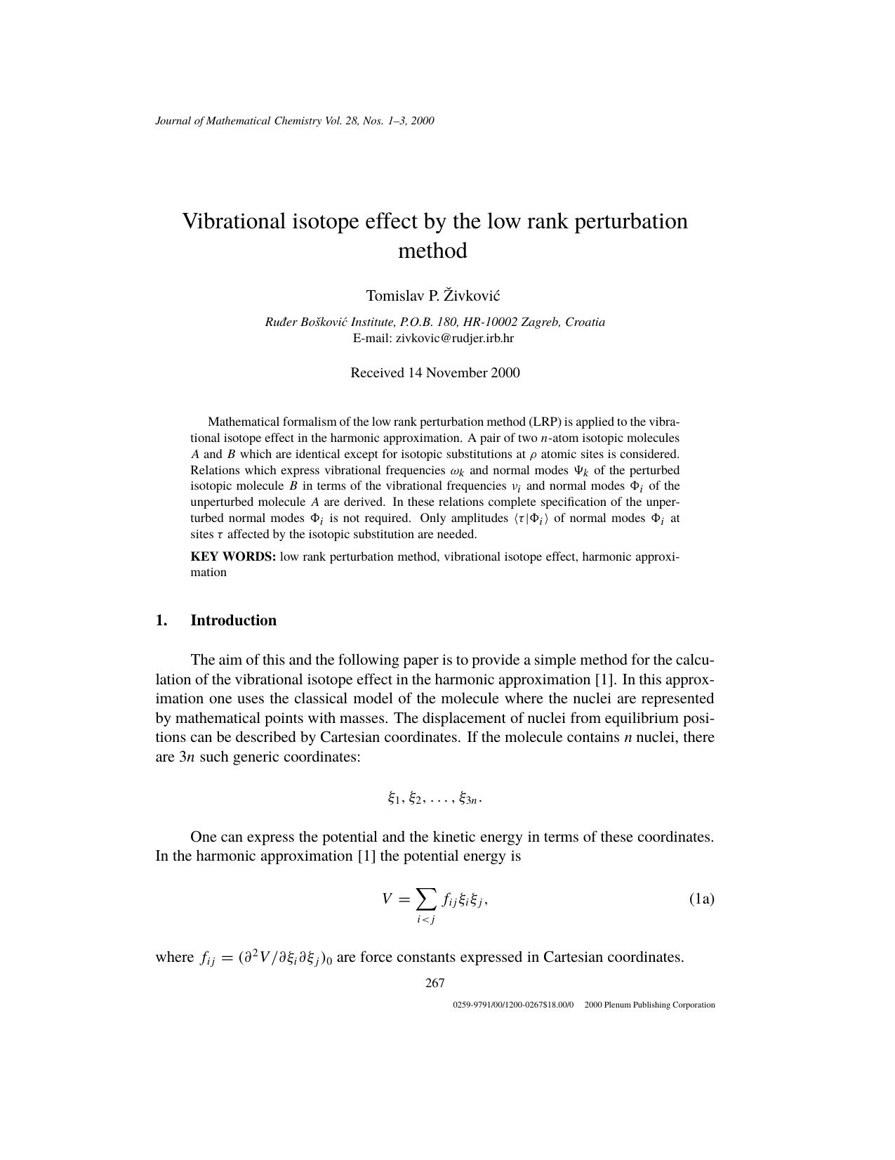 Vibrational isotope effect by the low rank perturbation method by Unknown