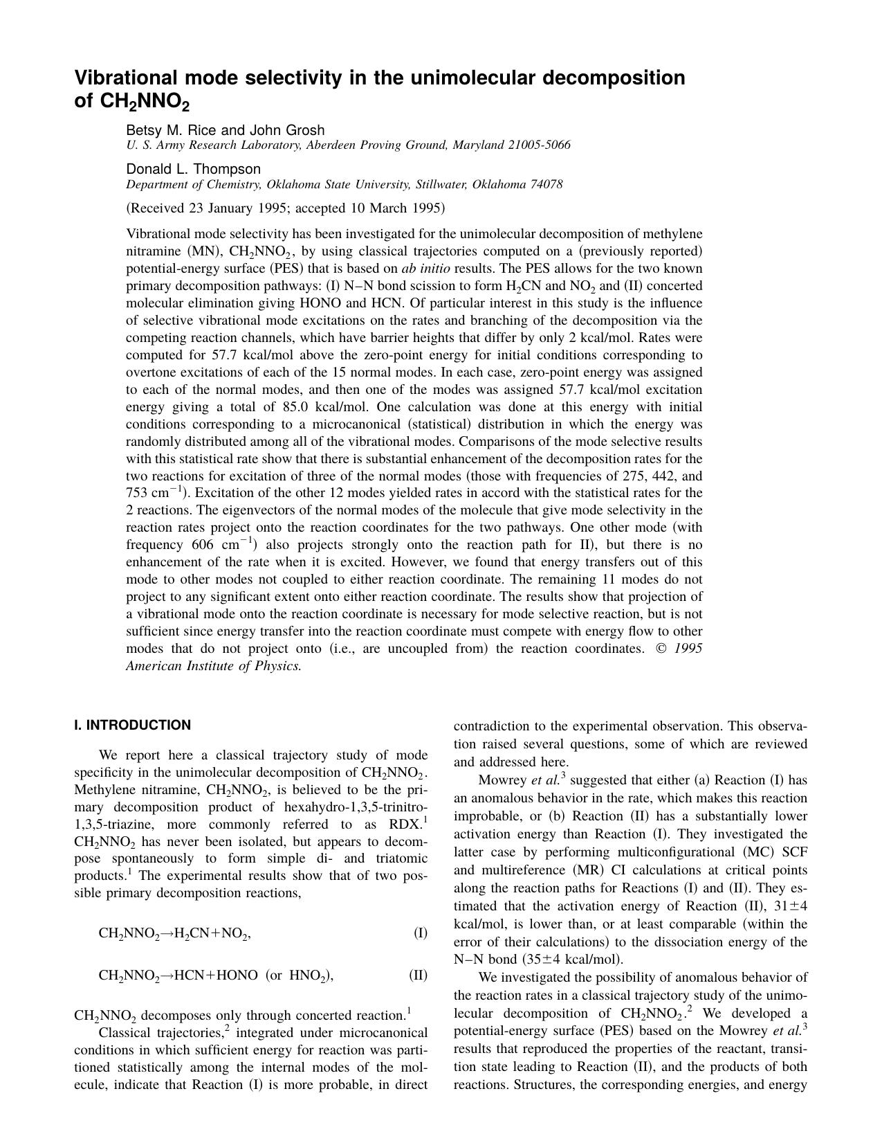 Vibrational mode selectivity in the unimolecular decomposition of CH 2 NNO 2 by Betsy M. Rice and John Grosh Donald L. Thompson