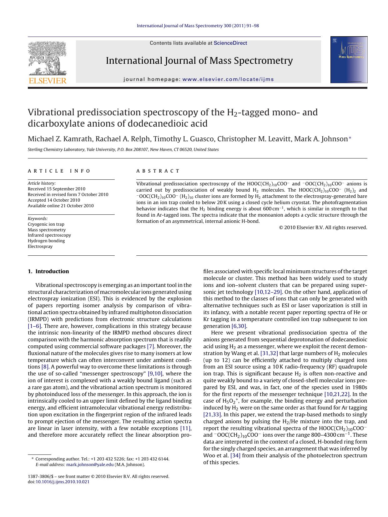 Vibrational predissociation spectroscopy of the H2-tagged mono- and dicarboxylate anions of dodecanedioic acid by Michael Z. Kamrath