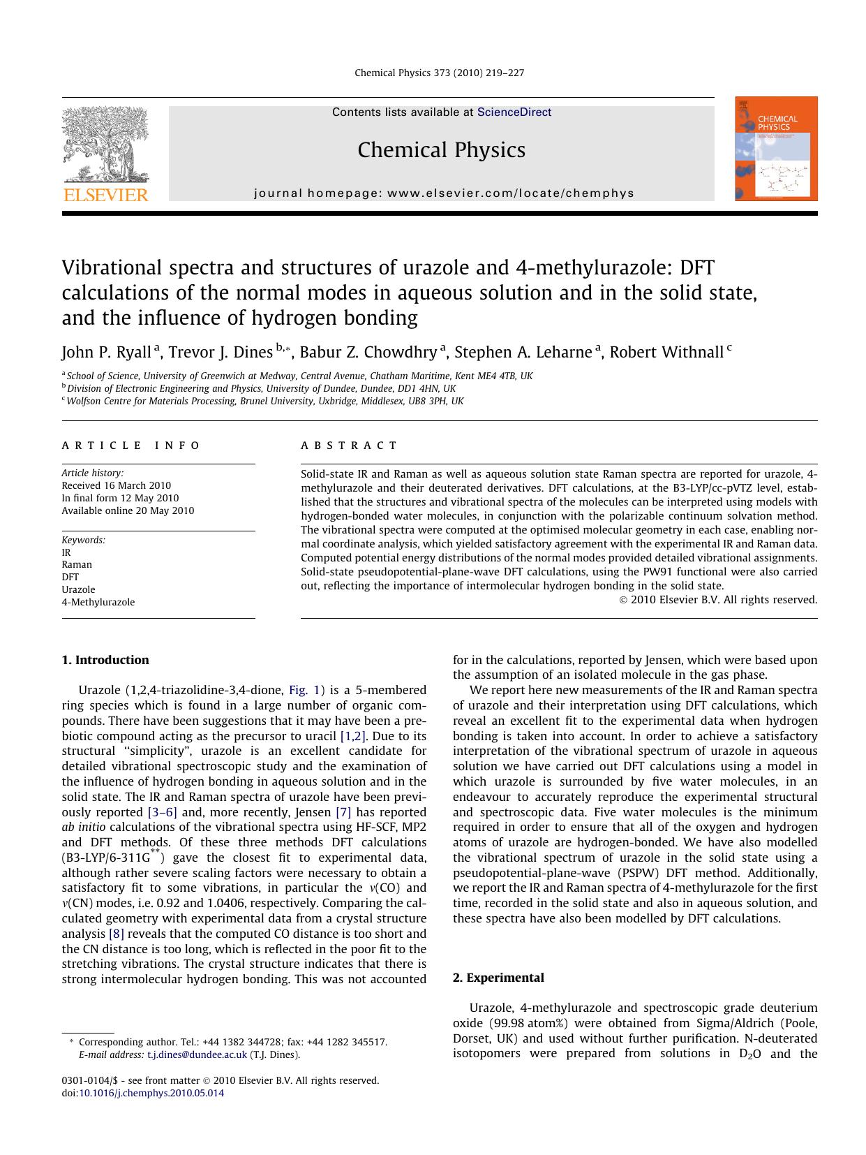 Vibrational spectra and structures of urazole and 4-methylurazole: DFT calculations of the normal modes in aqueous solution and in the solid state, and the influence of hydrogen bonding by John P. Ryall & Trevor J. Dines & Babur Z. Chowdhry & Stephen A. Leharne & Robert Withnall