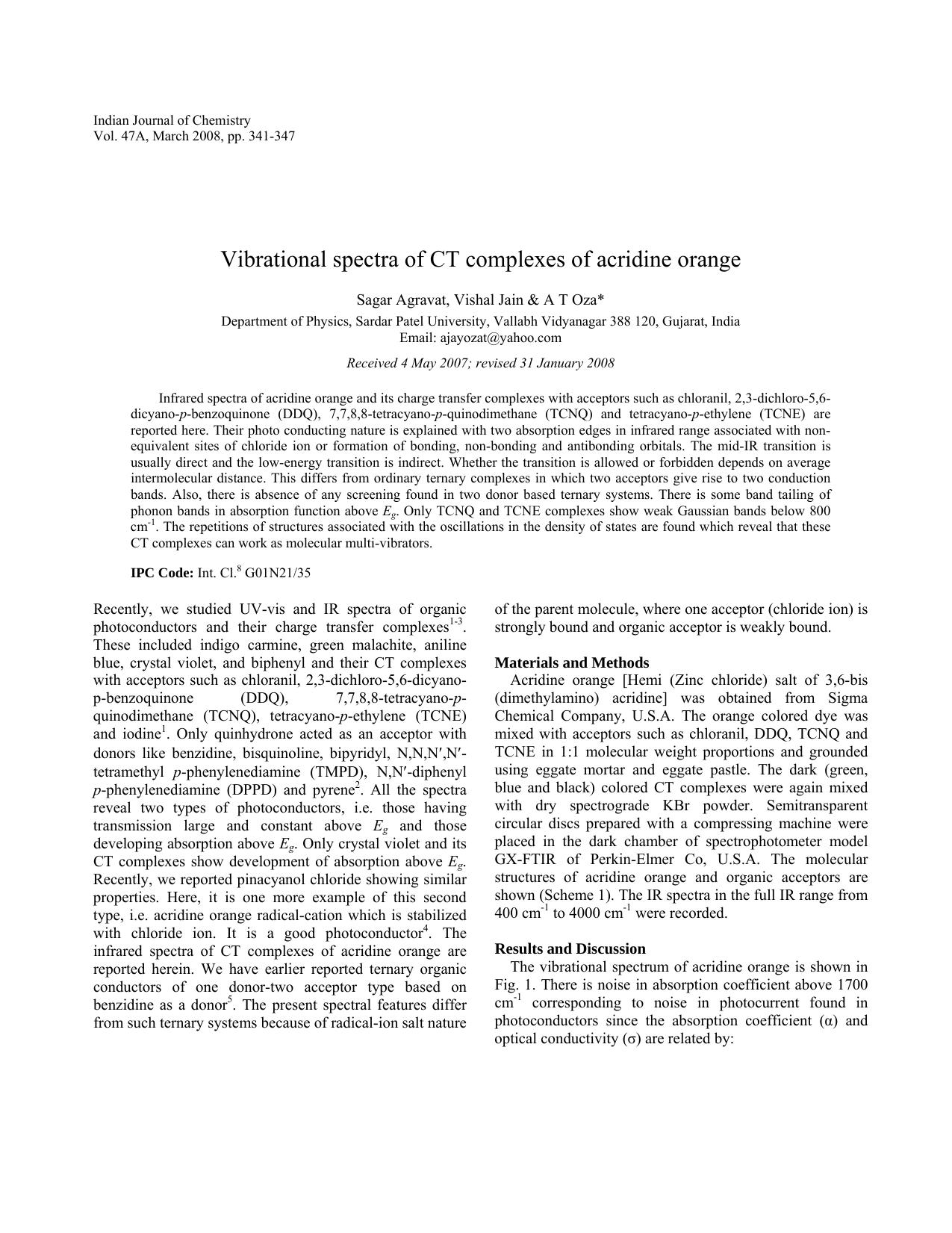 Vibrational spectra of CT complexes of acridine orange by dk