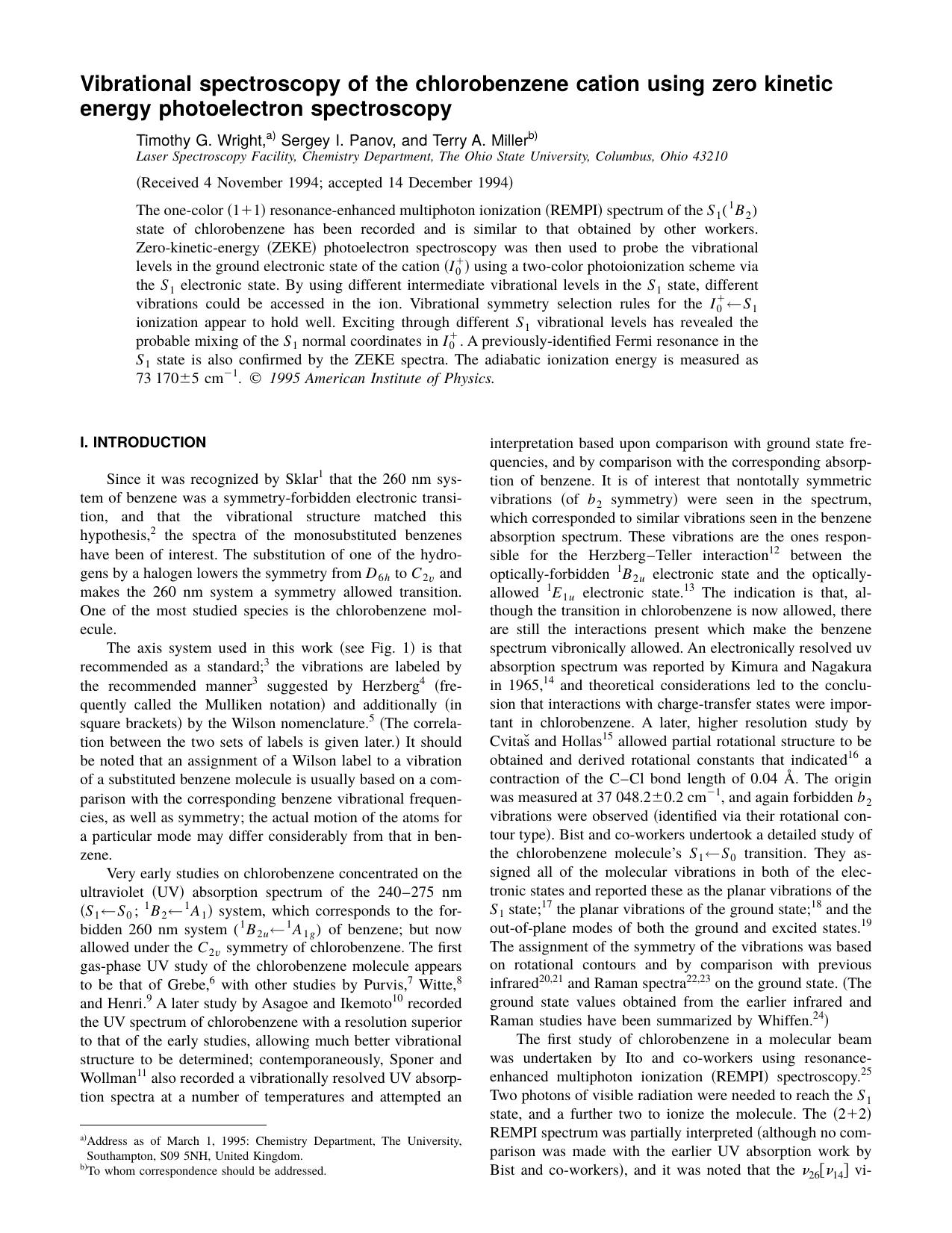 Vibrational spectroscopy of the chlorobenzene cation by Timothy G. Wright & Sergey I. Panov & and Terry A