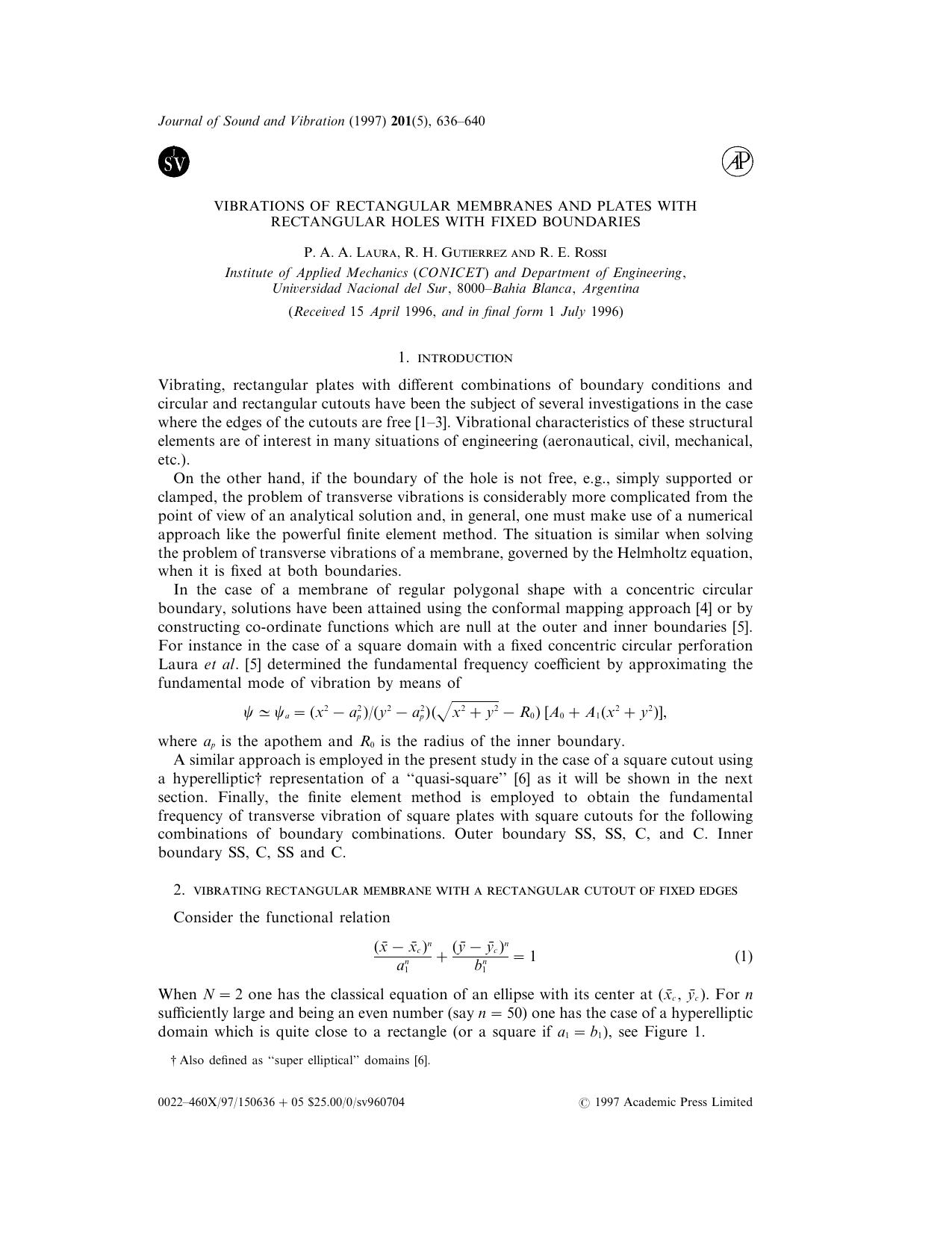 Vibrations of Rectangular Membranes and Plates with Rectangular Holes with Fixed Boundaries by Laura P. A. A. et al