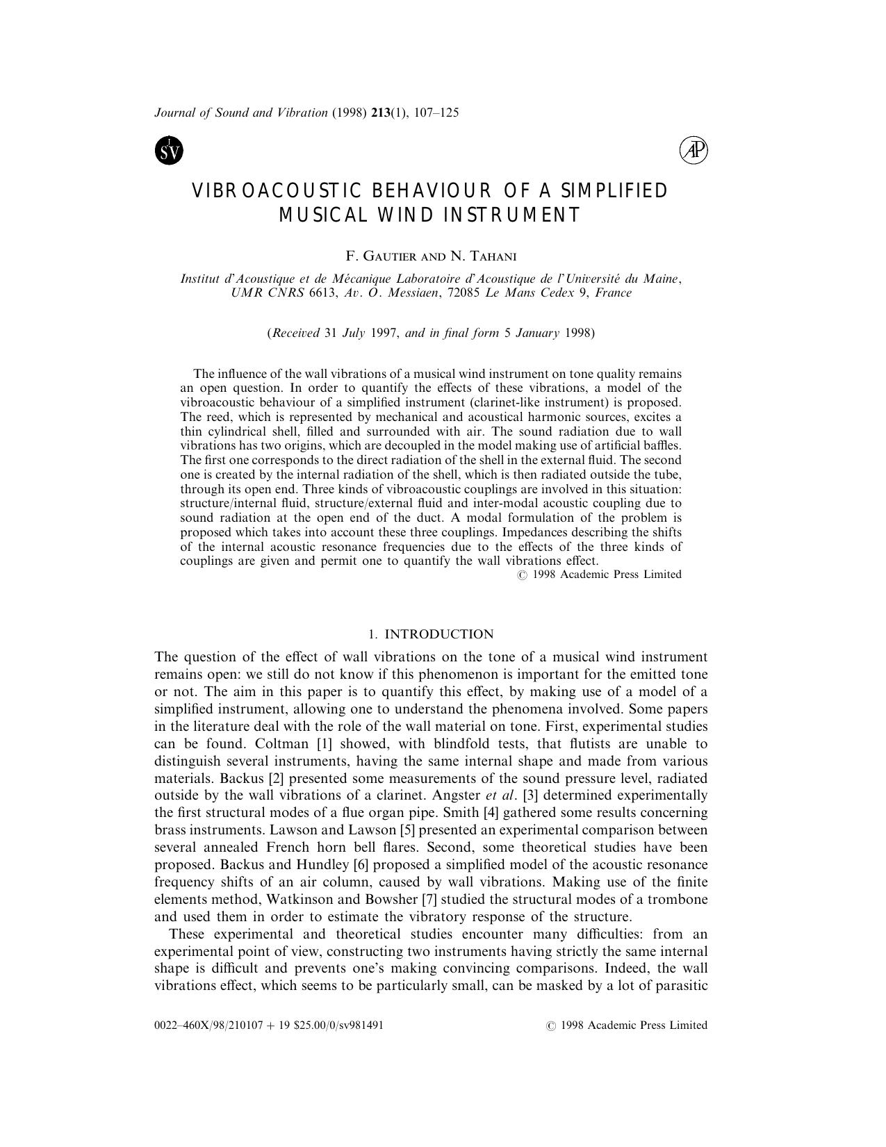 Vibroacoustic Behaviour of a Simplified Musical Wind Instrument by Gautier F. & Tahani N
