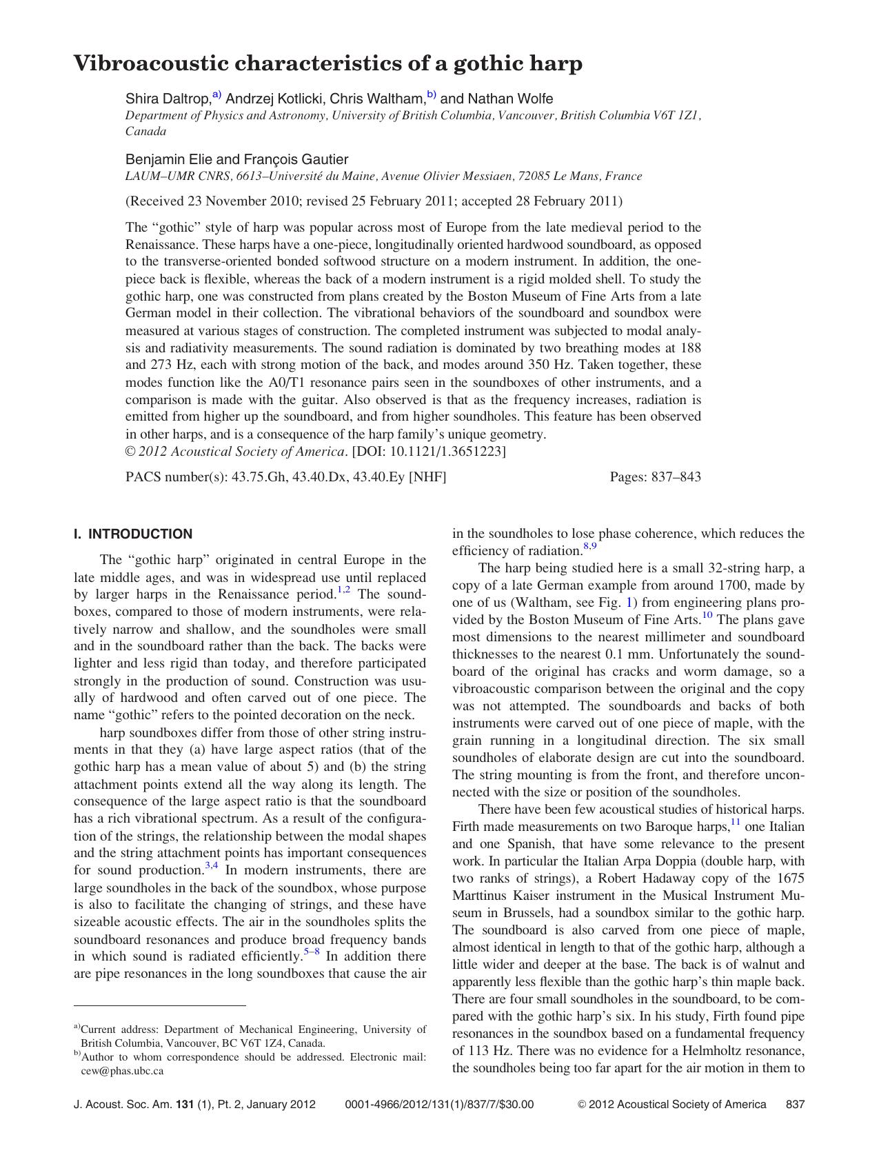 Vibroacoustic characteristics of a gothic harp by Shira Daltrop Andrzej Kotlicki Chris Waltham Nathan Wolfe Benjamin Elie and Franc¸ois Gautier