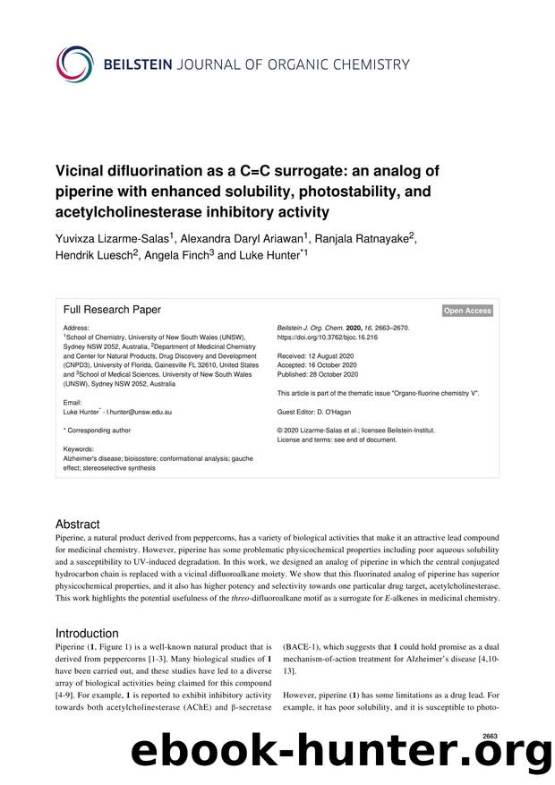 Vicinal difluorination as a C=C surrogate: an analog of piperine with enhanced solubility, photostability, and acetylcholinesterase inhibitory activity by unknow