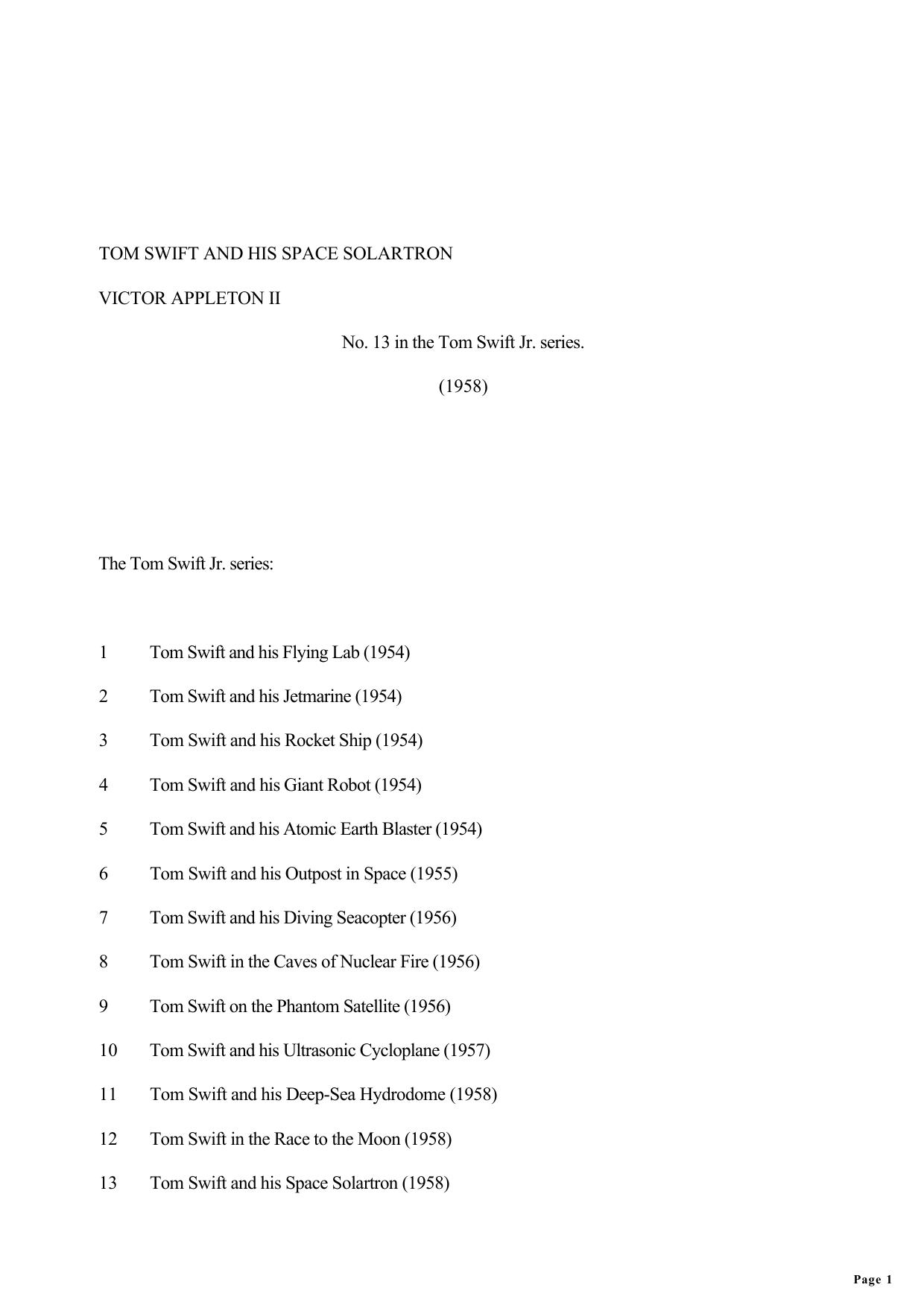 Victor Appleton - Tom Swift Jr 13 by And His Space Solartron