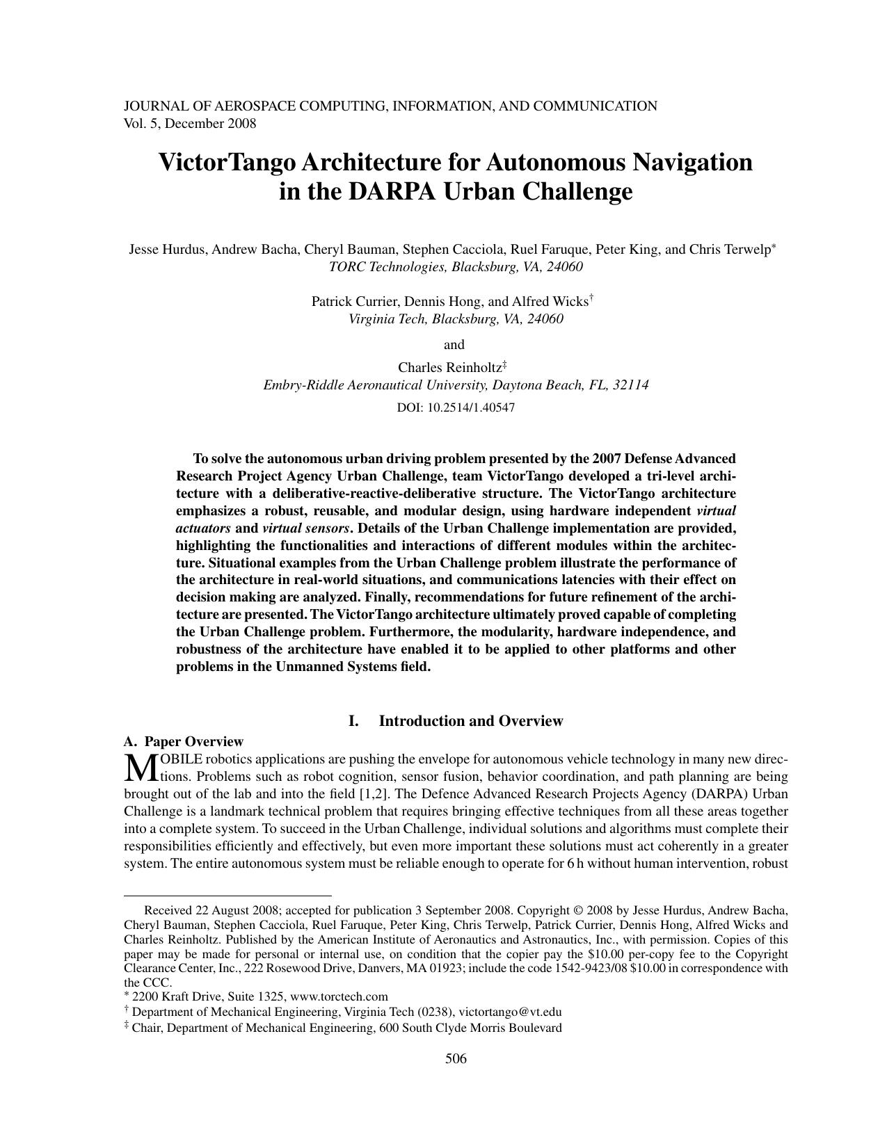 VictorTango Architecture for Autonomous Navigation in the DARPA Urban Challenge by Unknown