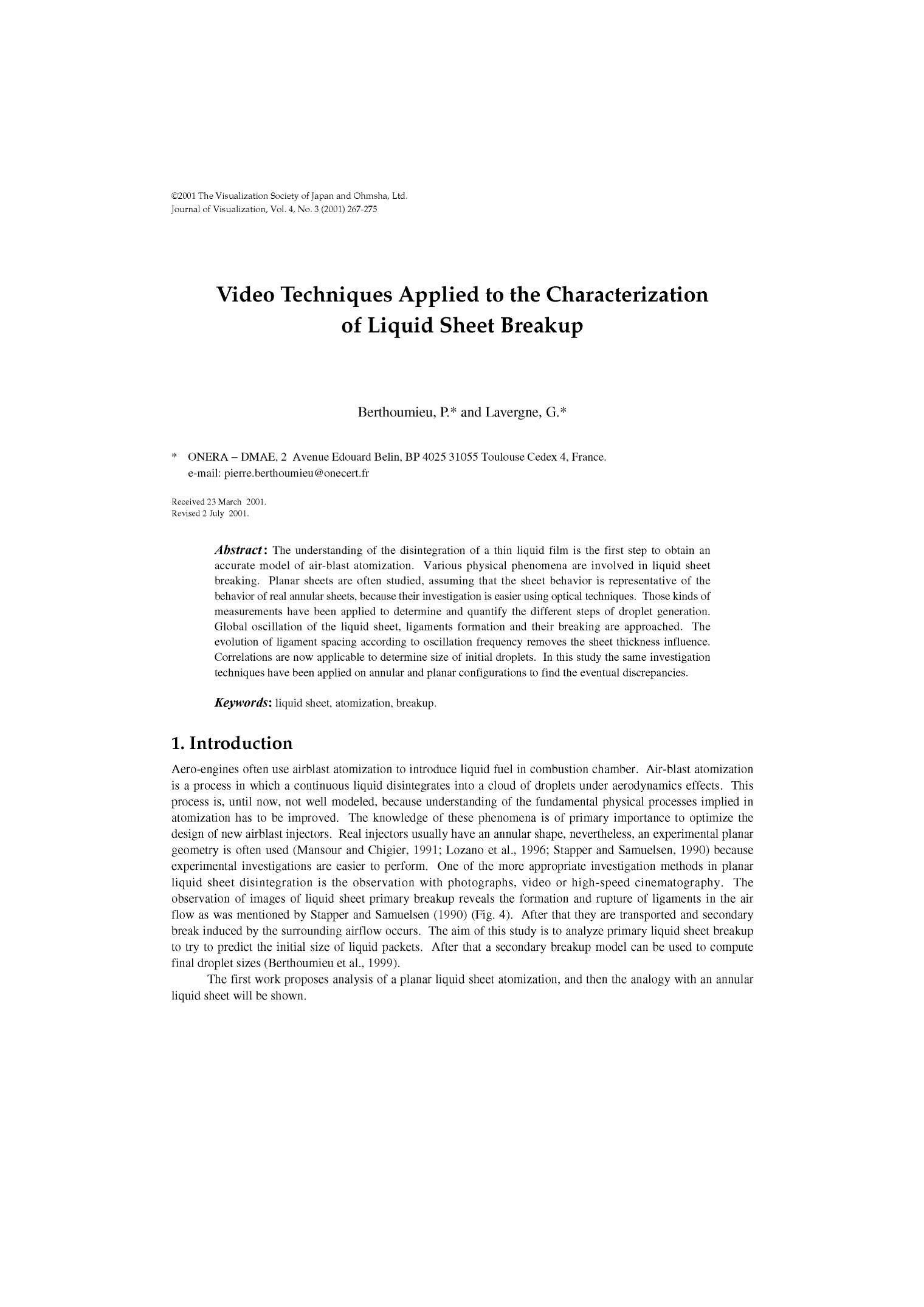 Video techniques applied to the characterization of liquid sheet breakup by Unknown