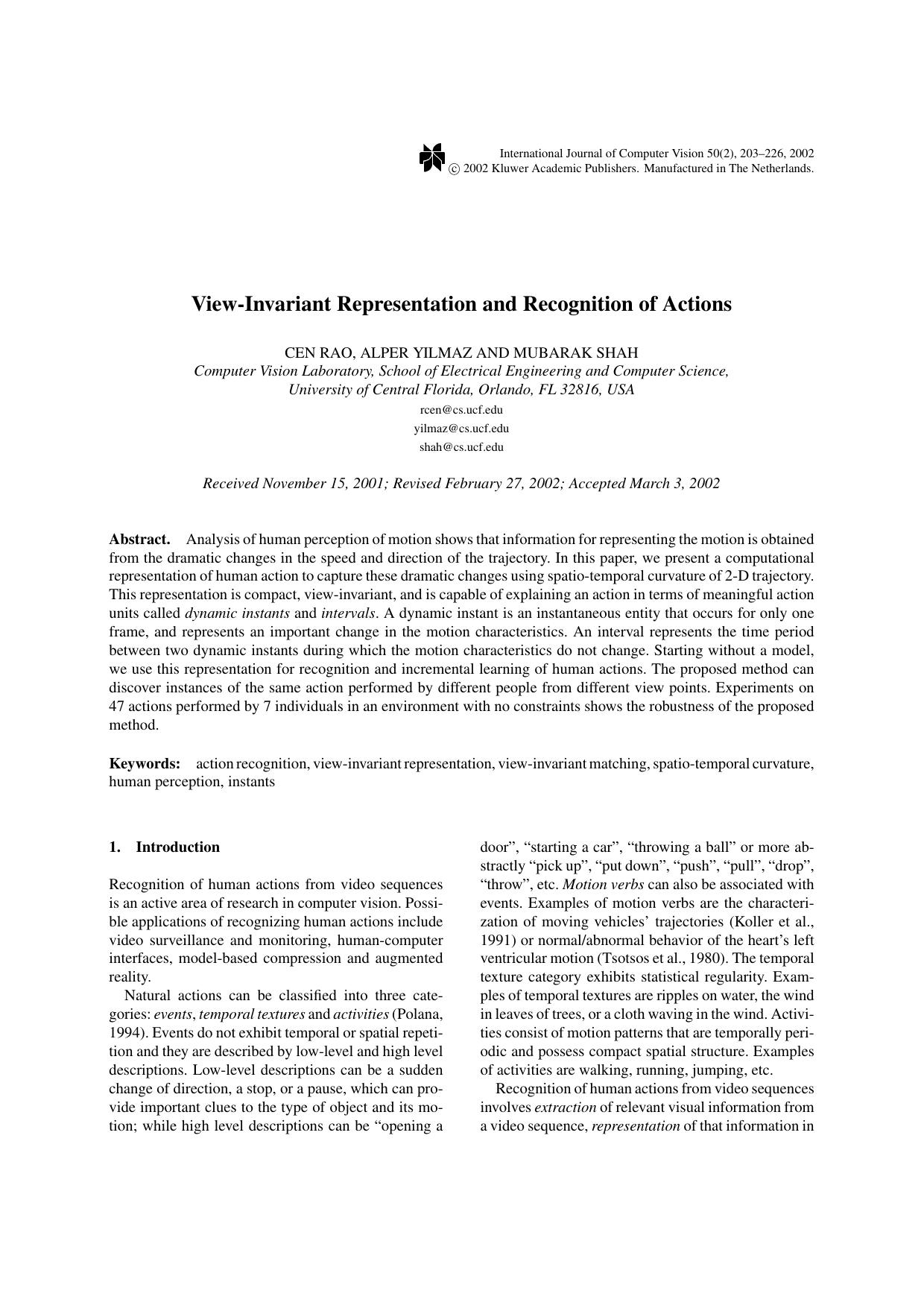 View-Invariant Representation and Recognition of Actions by View-Invariant Representation & Recognition of Actions