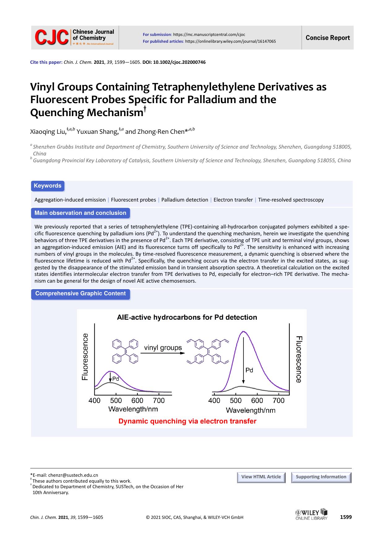 Vinyl Groups Containing Tetraphenylethylene Derivatives as Flu-orescent Probes Specific for Palladium and the Quenching Mechanism by Windows 用户