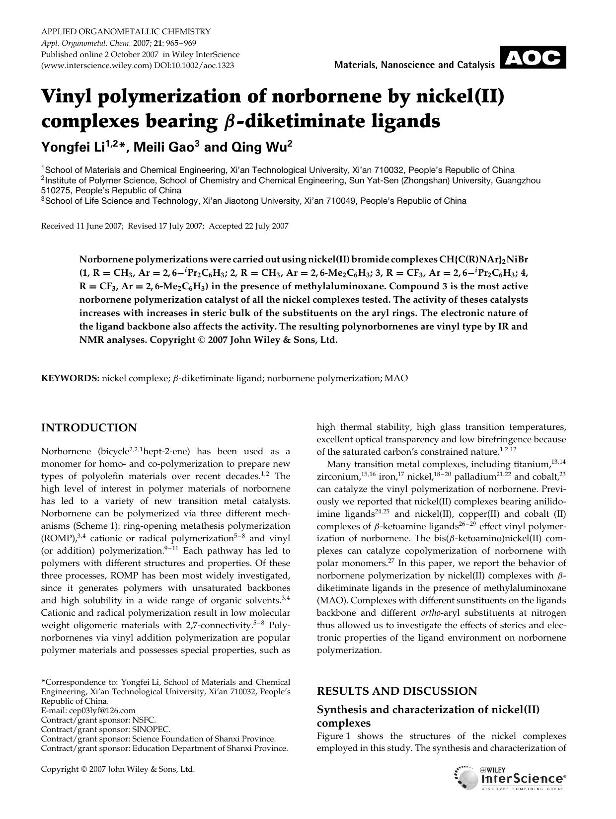 Vinyl polymerization of norbornene by nickel(II) complexes bearing [beta]-diketiminate ligands by Unknown