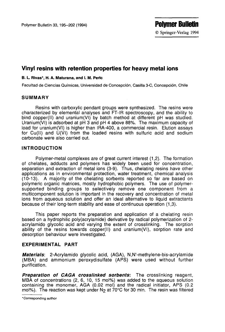 Vinyl resins with retention properties for heavy metal ions by Unknown
