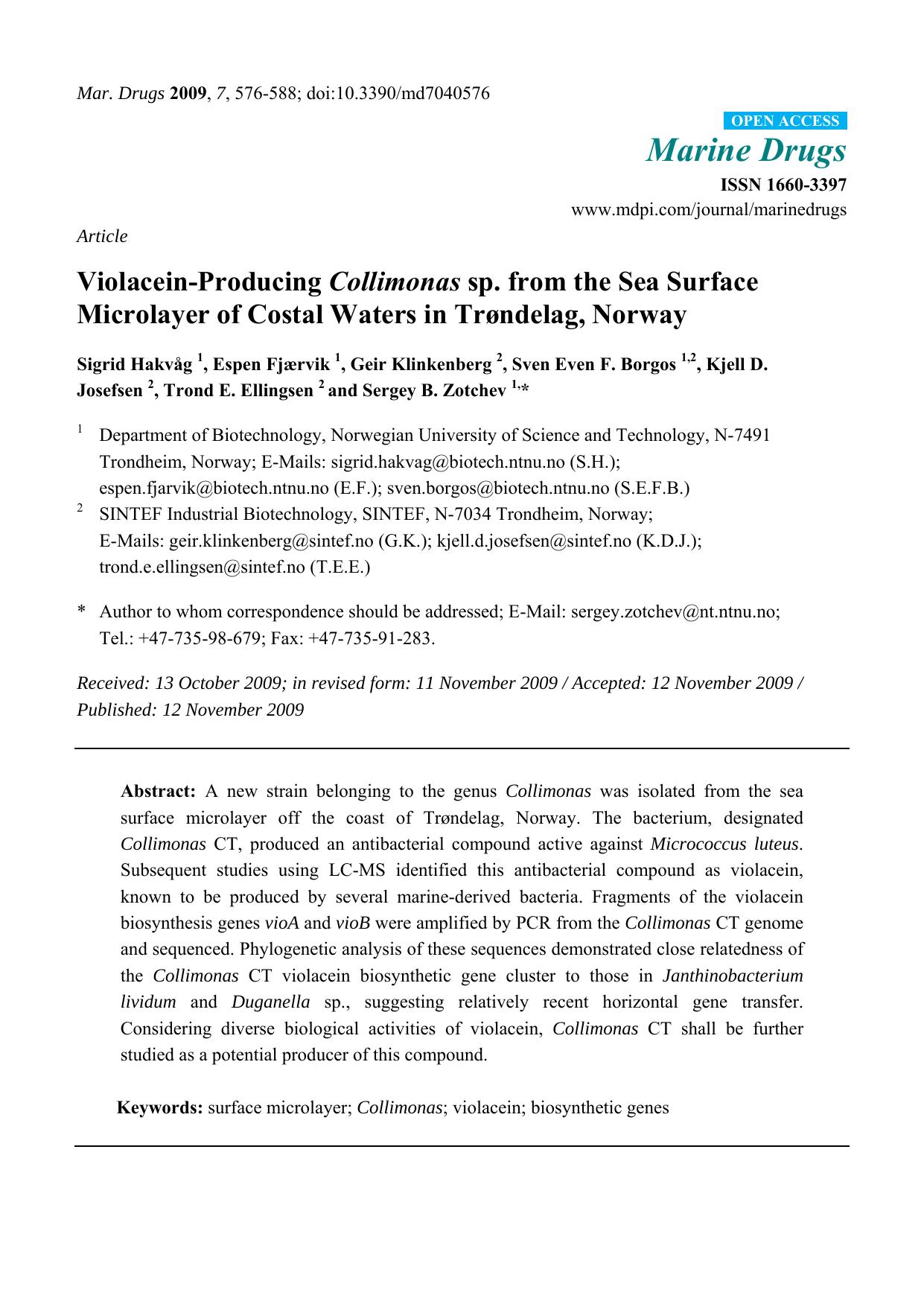 Violacein-Producing Collimonas sp. from the Sea Surface Microlayer of Costal Waters in TrÃ¸ndelag, Norway by unknow