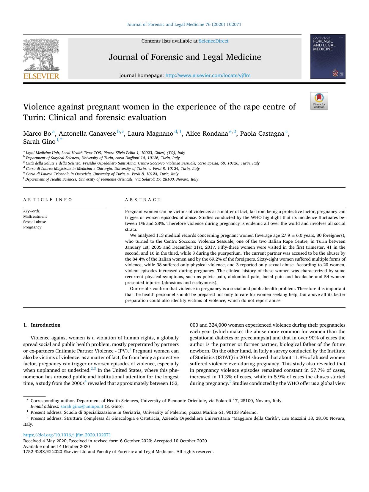 Violence against pregnant women in the experience of the rape centre of Turin: Clinical and forensic evaluation by Marco Bo