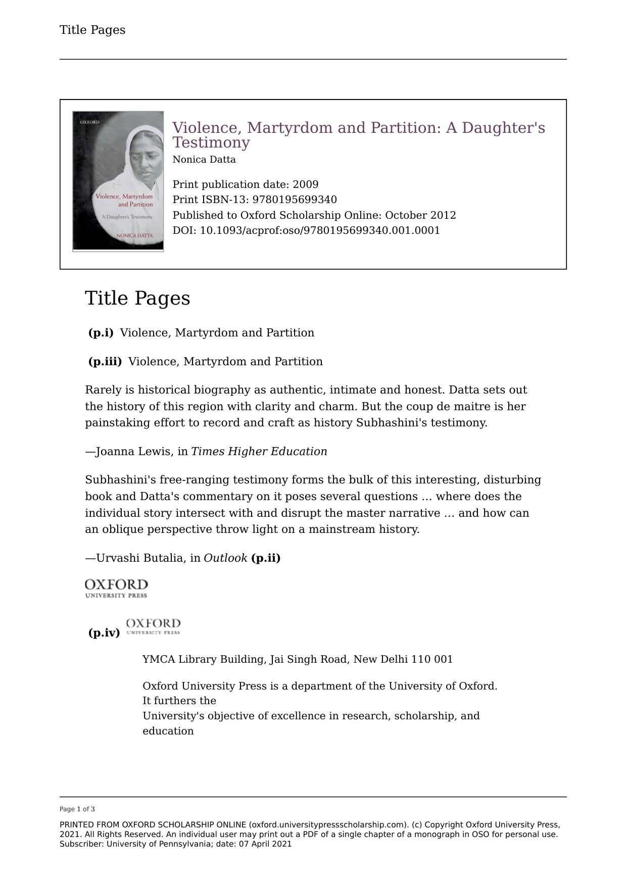 Violence, Martyrdom, and Partition: A Daughter's Testimony by Nonica Datta