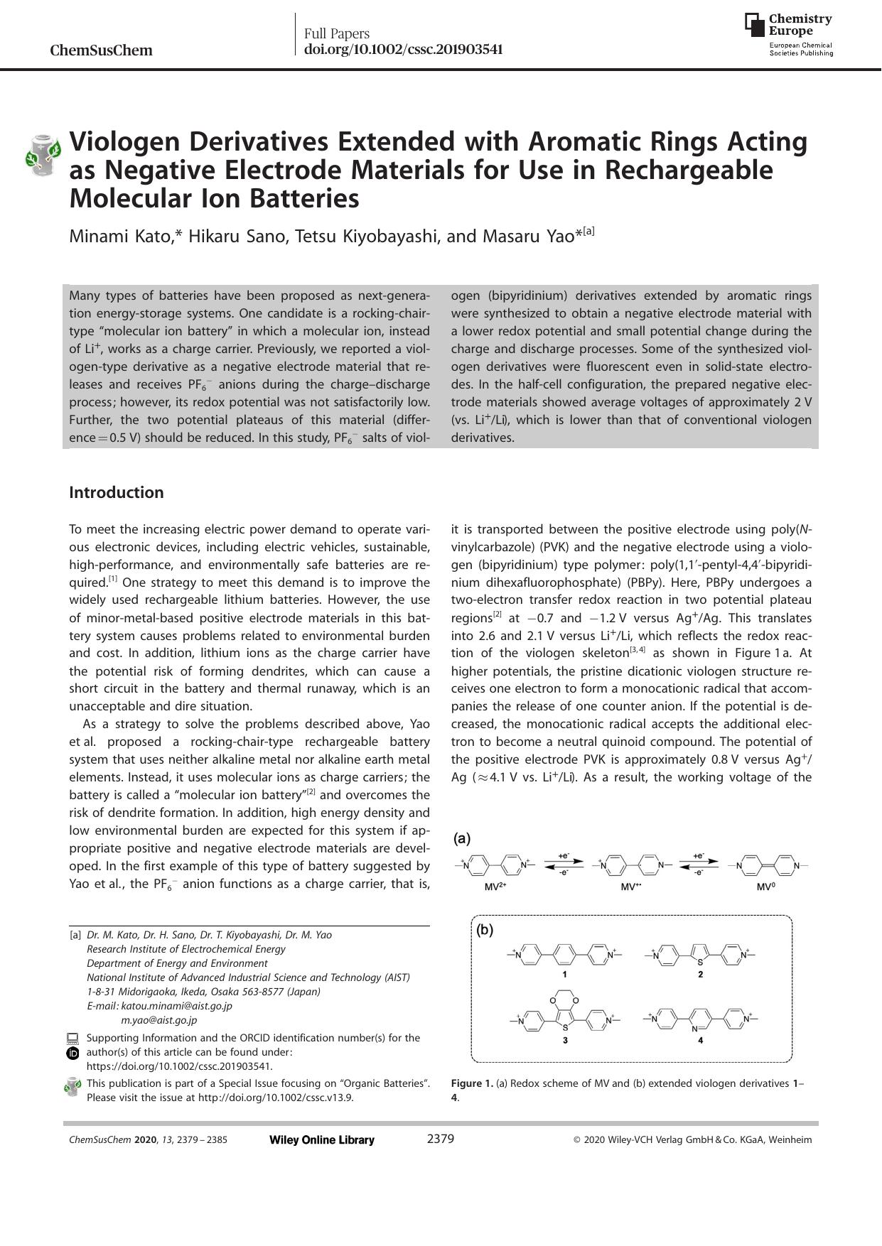 Viologen Derivatives Extended with Aromatic Rings Acting as Negative Electrode Materials for Use in Rechargeable Molecular Ion Batteries by Unknown