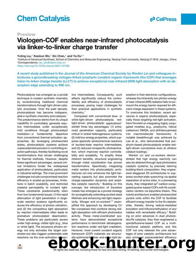 Viologen-COF enables near-infrared photocatalysis via linker-to-linker charge transfer by Yuting Liu & Xiaokun Shi & Xin Chen & Ya Du