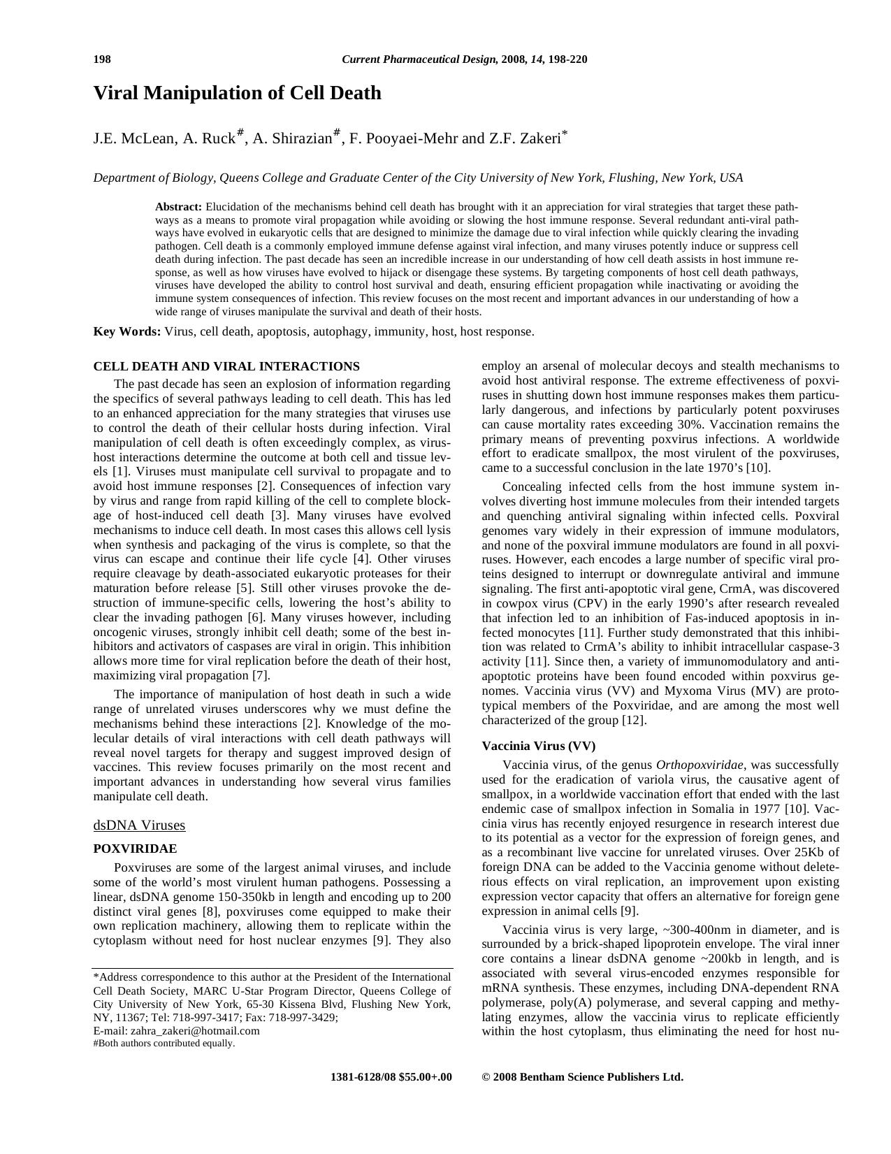 Viral Manipulation of Cell Death by Z. F. Zakeri ; J. E. McLean ; A. Ruck ; A. Shirazian ; F. Pooyaei-Mehr