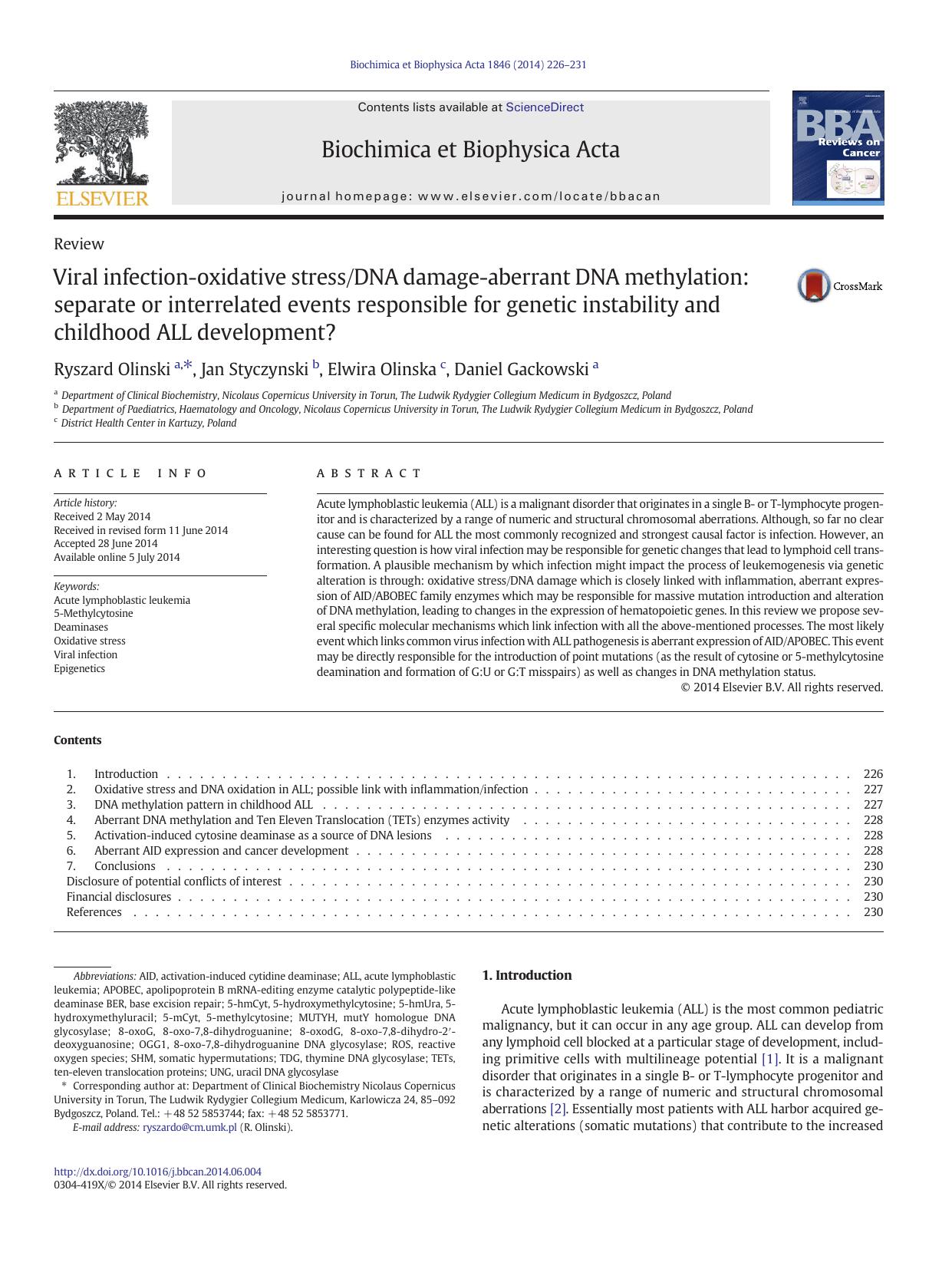 Viral infection-oxidative stressDNA damage-aberrant DNA methylation: separate or interrelated events responsible for genetic instability and childhood ALL development? by Ryszard Olinski & Jan Styczynski & Elwira Olinska & Daniel Gackowski