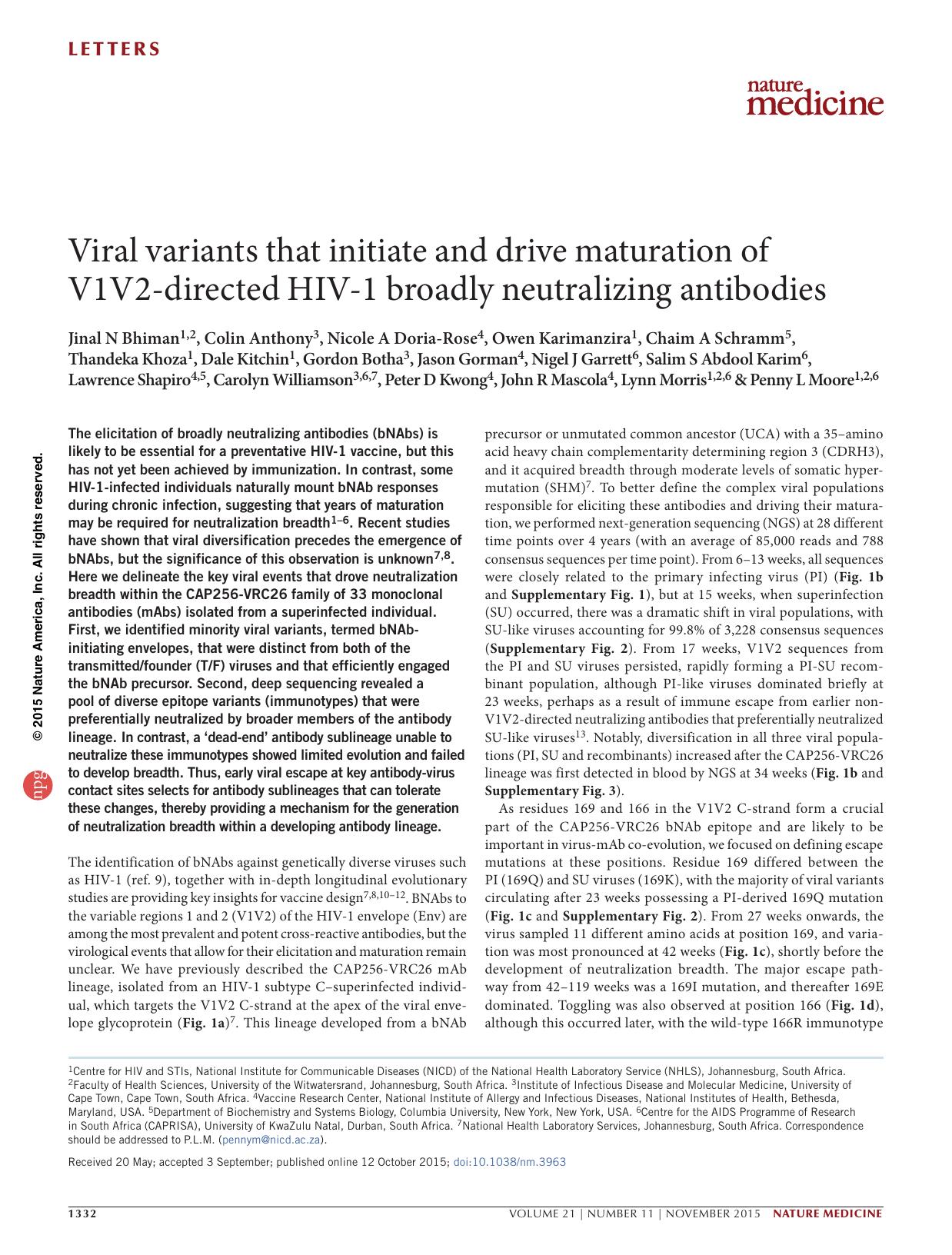 Viral variants that initiate and drive maturation of V1V2-directed HIV-1 broadly neutralizing antibodies by unknow