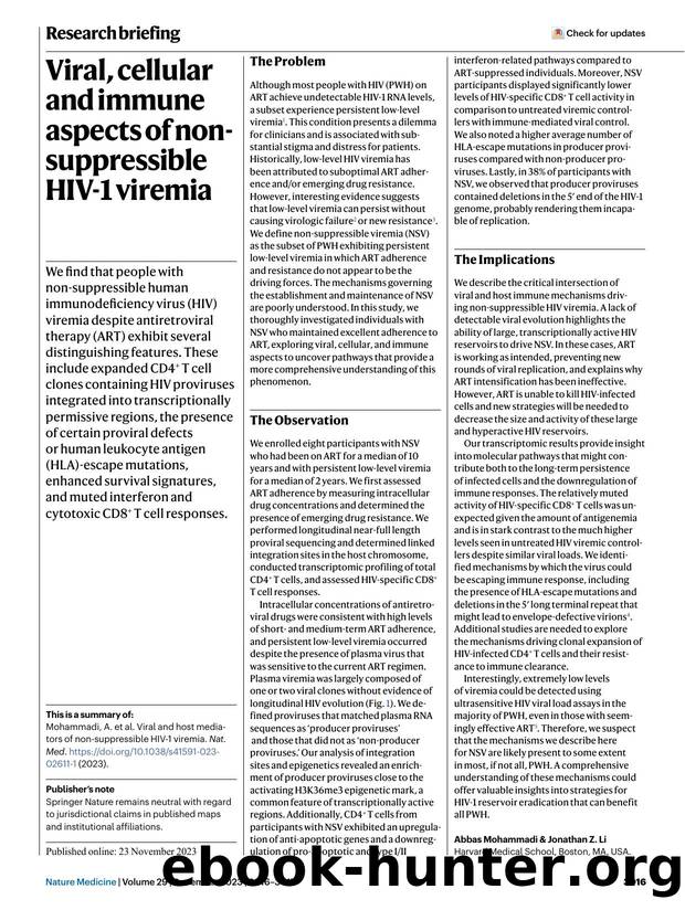 Viral, cellular and immune aspects of non-suppressible HIV-1 viremia by Unknown