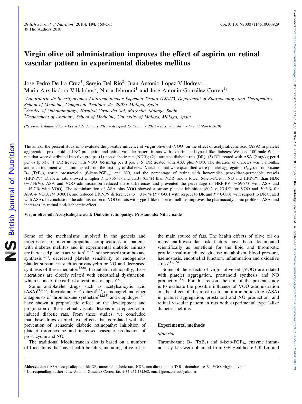 Virgin olive oil administration improves the effect of aspirin on retinal vascular pattern in experimental diabetes mellitus by unknow