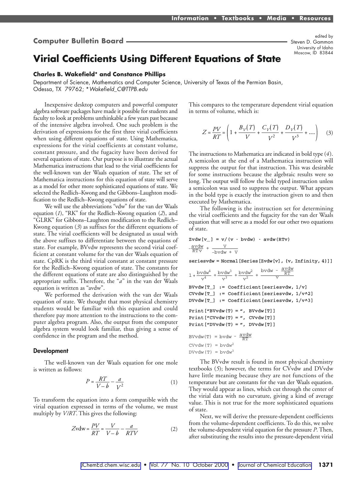 Virial Coefficients Using Different Equations of State by Charles B. Wakefield & Constance Phillips