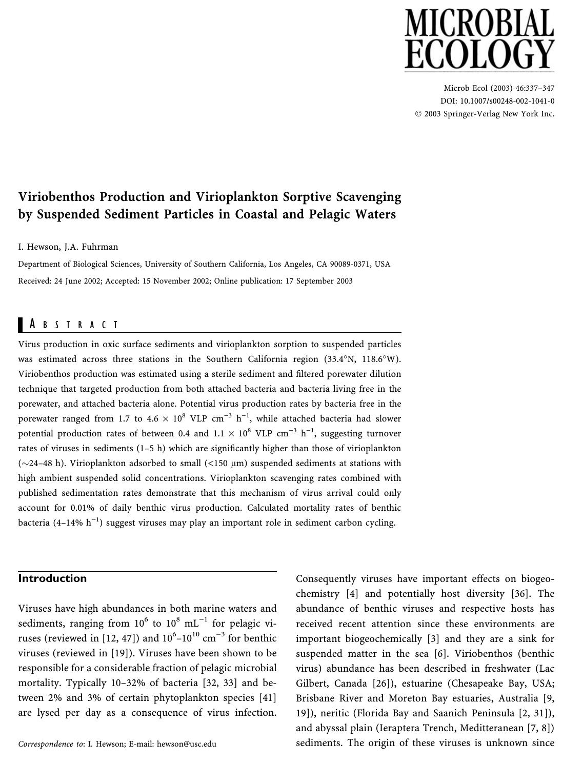 Viriobenthos Production and Virioplankton Sorptive Scavenging by Suspended Sediment Particles in Coastal and Pelagic Waters by Hewson I. et al