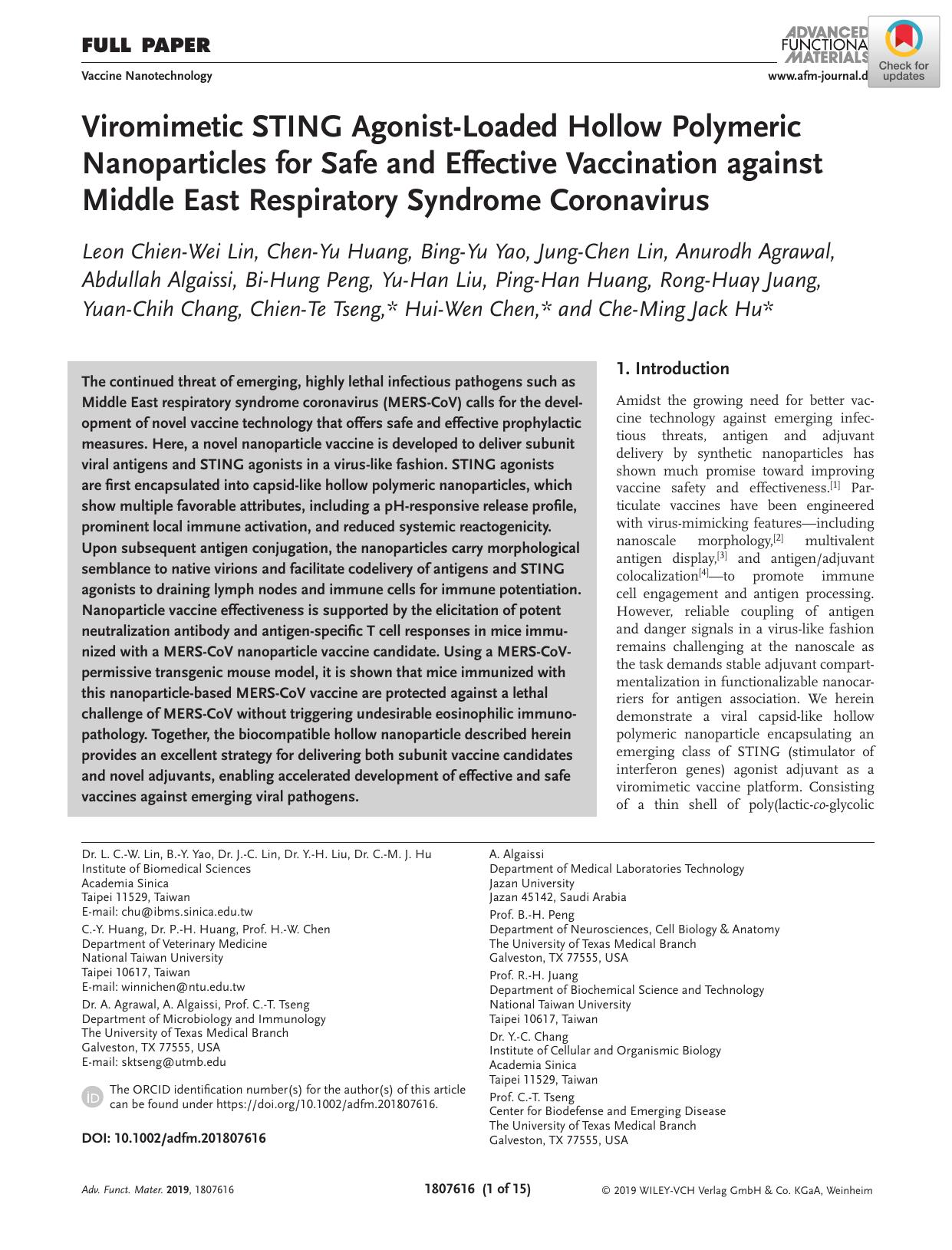 Viromimetic STING Agonist‐Loaded Hollow Polymeric Nanoparticles for Safe and Effective Vaccination against Middle East Respiratory Syndrome Coronavirus by Unknown