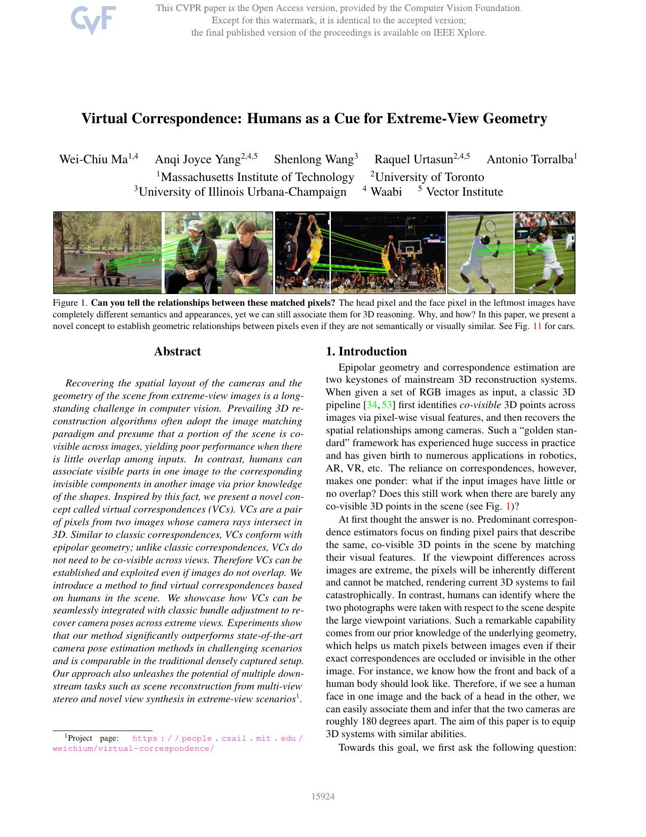 Virtual Correspondence: Humans as a Cue for Extreme-View Geometry by Wei-Chiu Ma & Anqi Joyce Yang & Shenlong Wang & Raquel Urtasun & Antonio Torralba