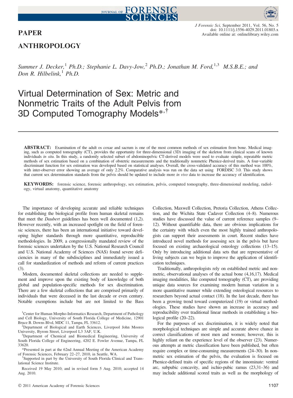 Virtual Determination of Sex: Metric and Nonmetric Traits of the Adult Pelvis from 3D Computed Tomography Models, by Unknown