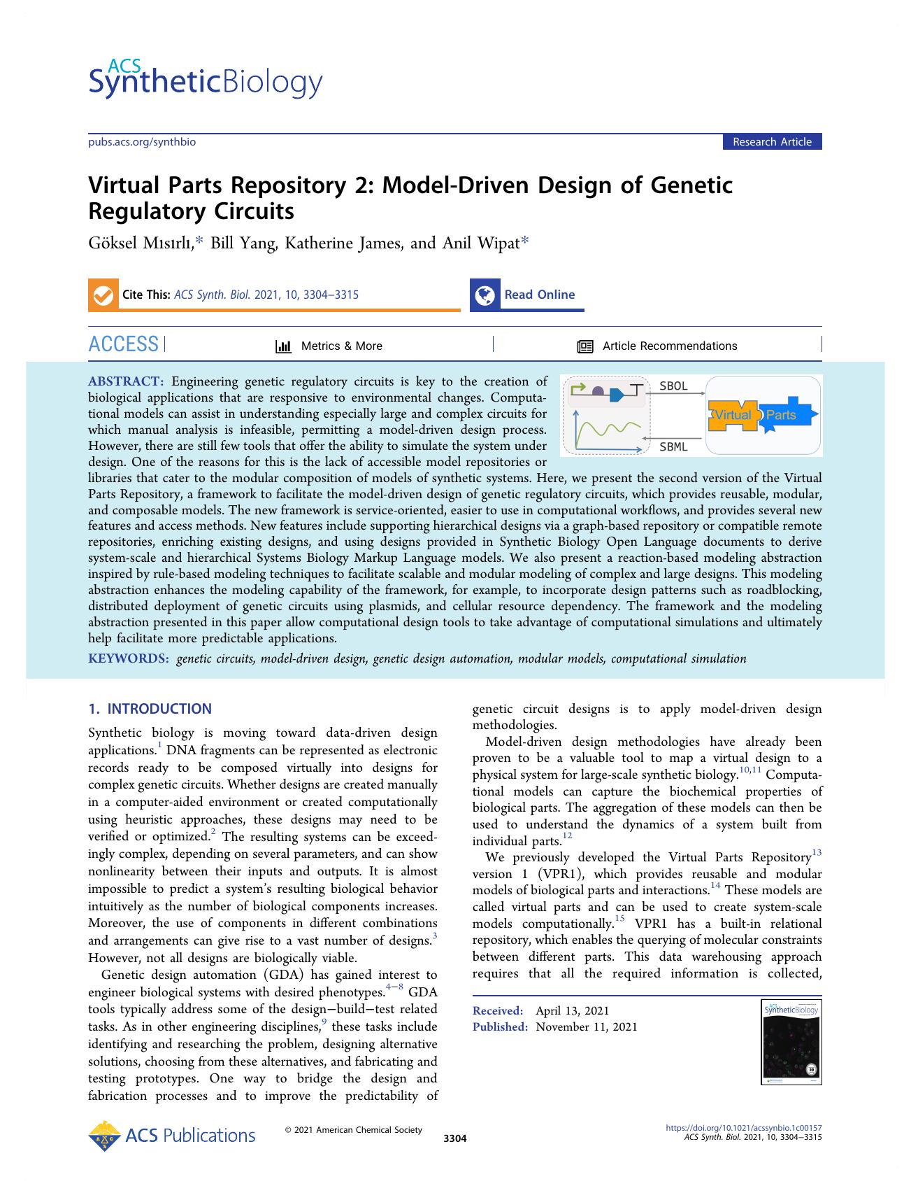 Virtual Parts Repository 2: Model-Driven Design of Genetic Regulatory Circuits by Göksel Mısırlı Bill Yang Katherine James and Anil Wipat