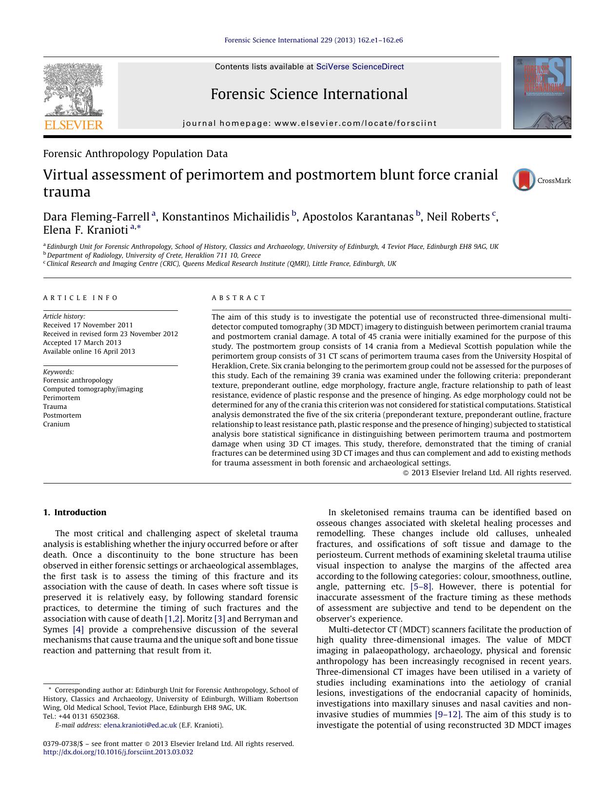 Virtual assessment of perimortem and postmortem blunt force cranial trauma by unknow