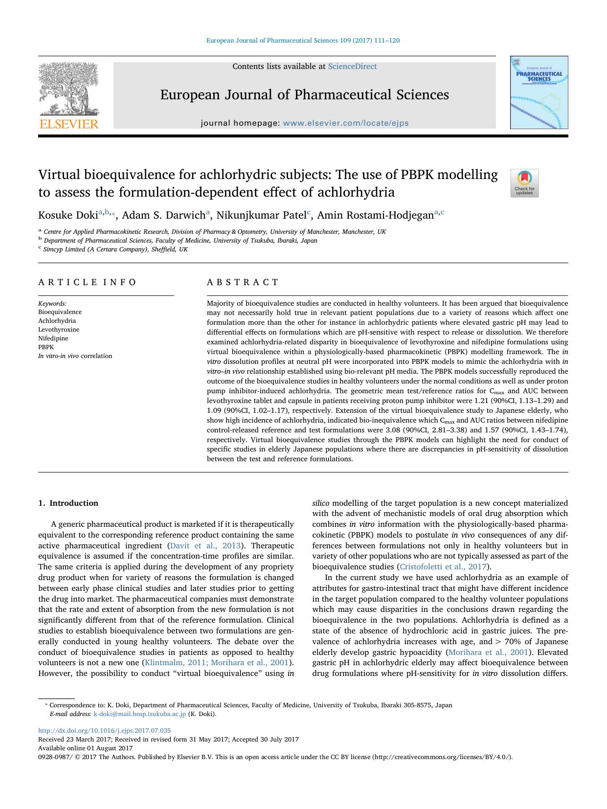 Virtual bioequivalence for achlorhydric subjects_ The use of PBPK modelling to assess the formulation-dependent effect of achlorhydria by Kosuke Doki & Adam S. Darwich & Nikunjkumar Patel & Amin Rostami-Hodjegan