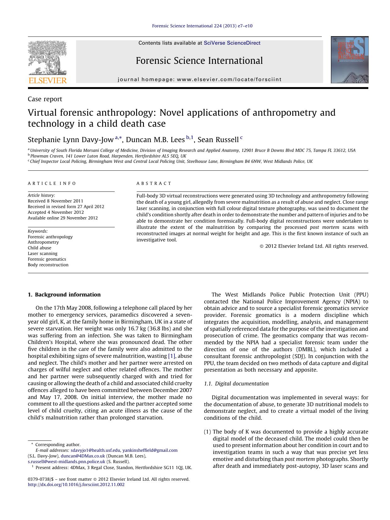 Virtual forensic anthropology: Novel applications of anthropometry and technology in a child death case by Stephanie Lynn Davy-Jow