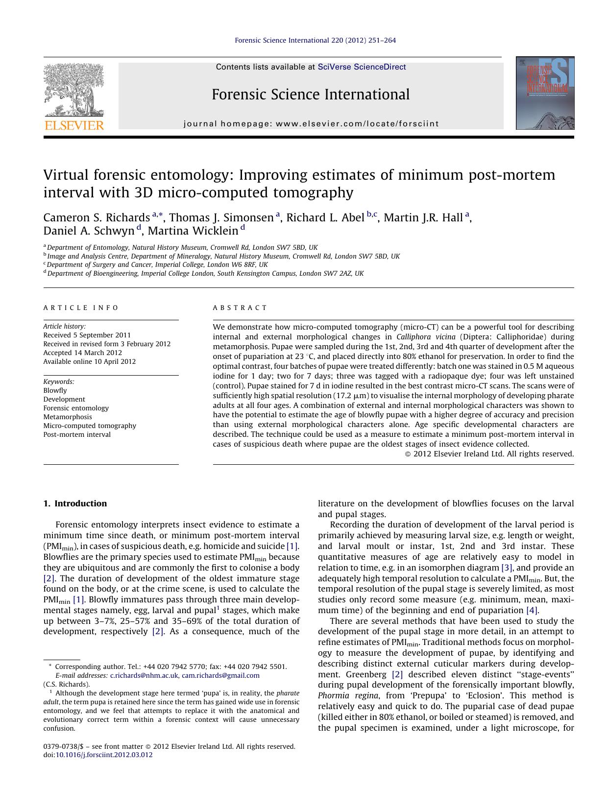 Virtual forensic entomology: Improving estimates of minimum post-mortem interval with 3D micro-computed tomography by Cameron S. Richards