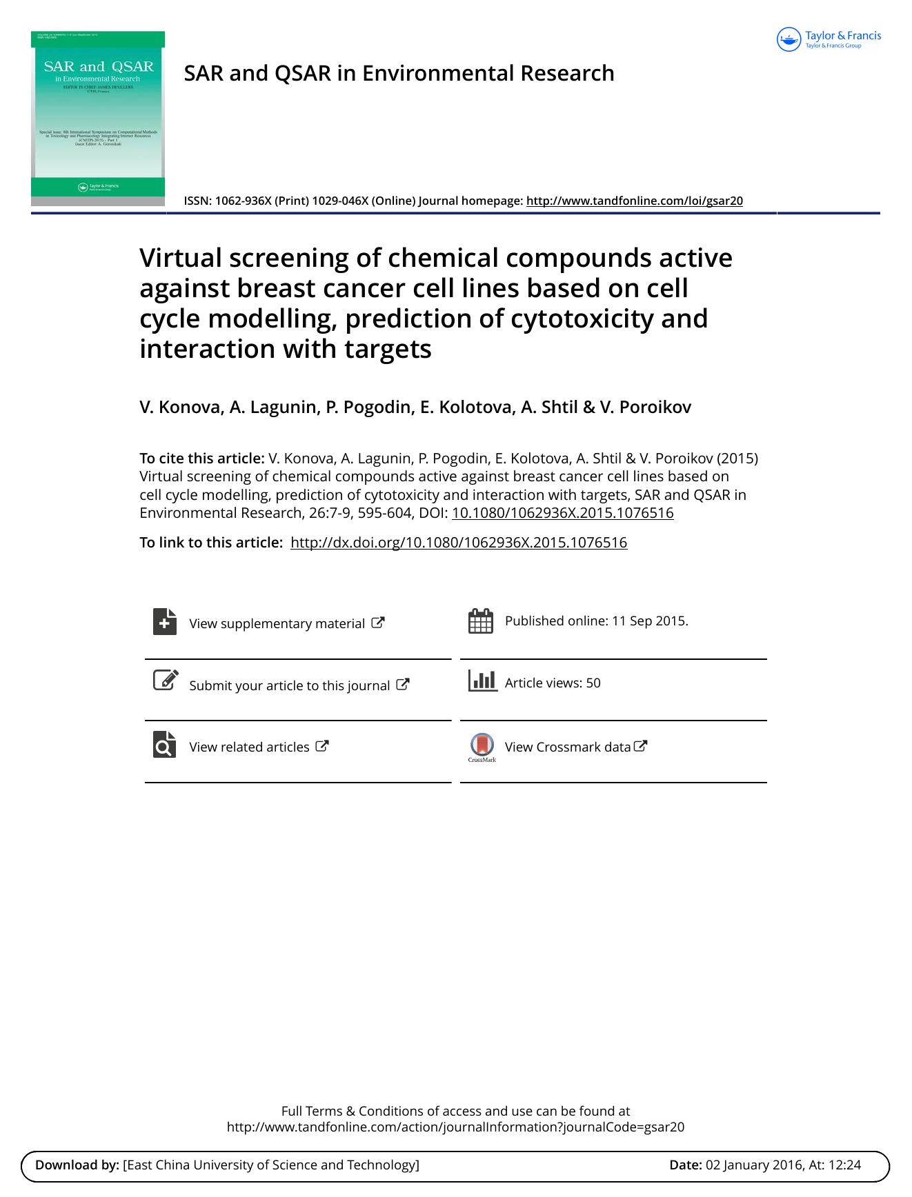 Virtual screening of chemical compounds active against breast cancer cell lines based on cell cycle modelling, prediction of cytotoxicity and interaction with targets by V. Konova