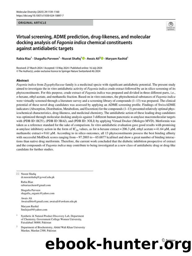 Virtual screening, ADME prediction, drug-likeness, and molecular docking analysis of Fagonia indica chemical constituents against antidiabetic targets by Rabia Riaz & Shagufta Parveen & Nusrat Shafiq & Awais Ali & Maryam Rashid