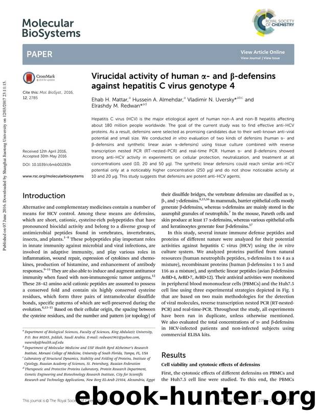 Virucidal activity of human α- and β-defensins against hepatitis C virus genotype 4 by Ehab H. Mattar & Hussein A. Almehdar & Vladimir N. Uversky & Elrashdy M. Redwan