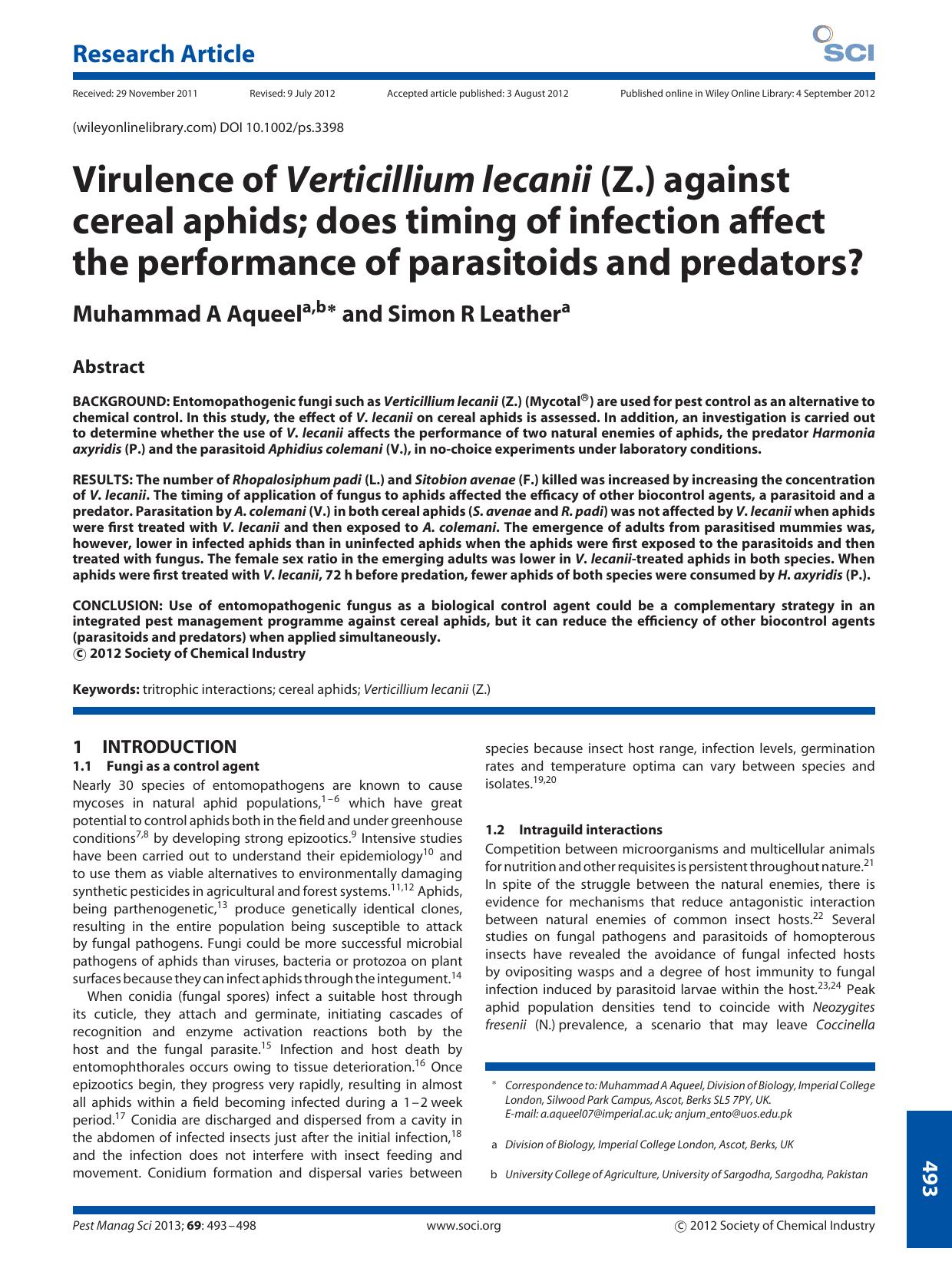 Virulence of Verticillium lecanii (Z.) against cereal aphids; does timing of infection affect the performance of parasitoids and predators? by Unknown