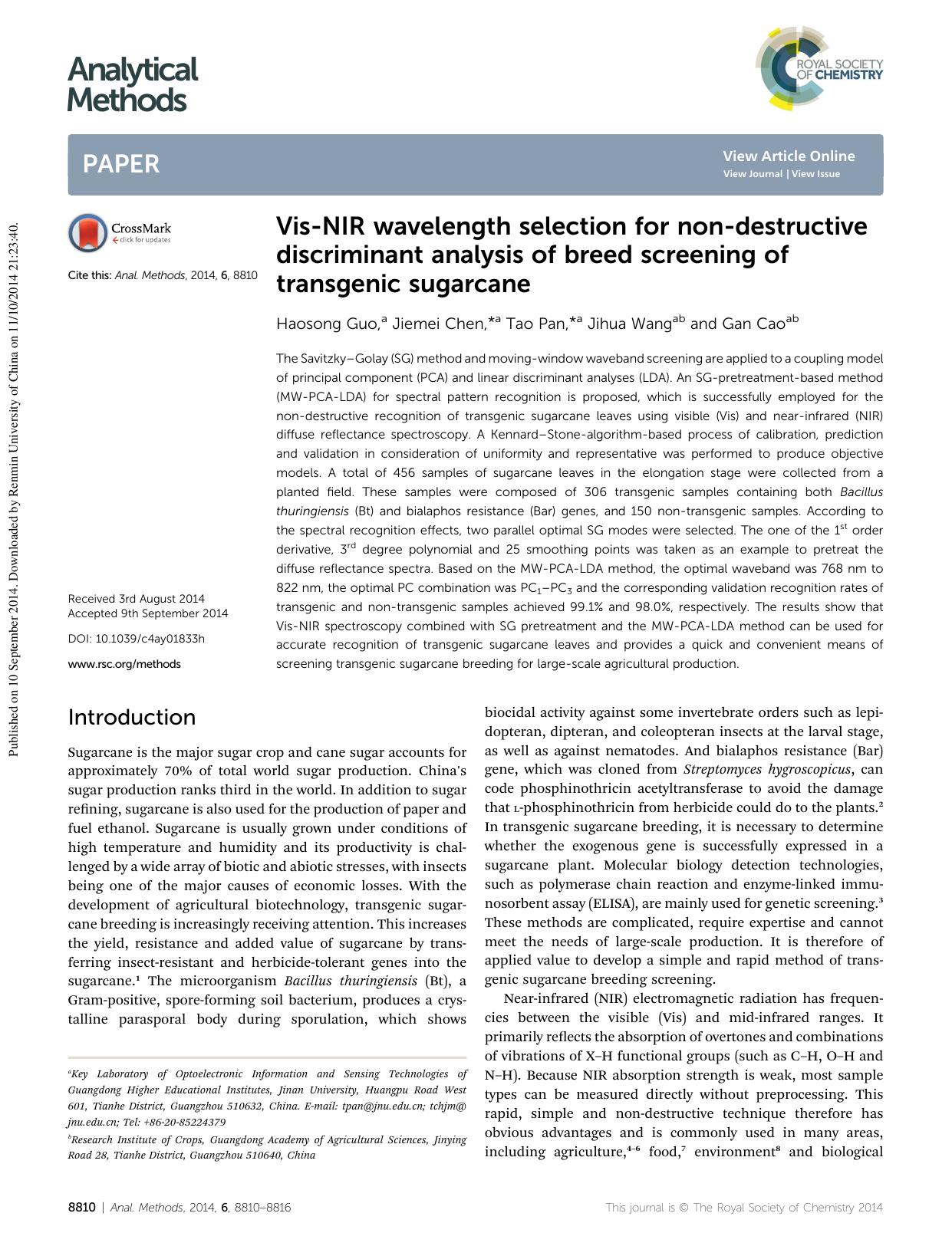 Vis-NIR wavelength selection for non-destructive discriminant analysis of breed screening of transgenic sugarcane by Haosong Guo & Jiemei Chen & Tao Pan & Jihua Wang & Gan Cao