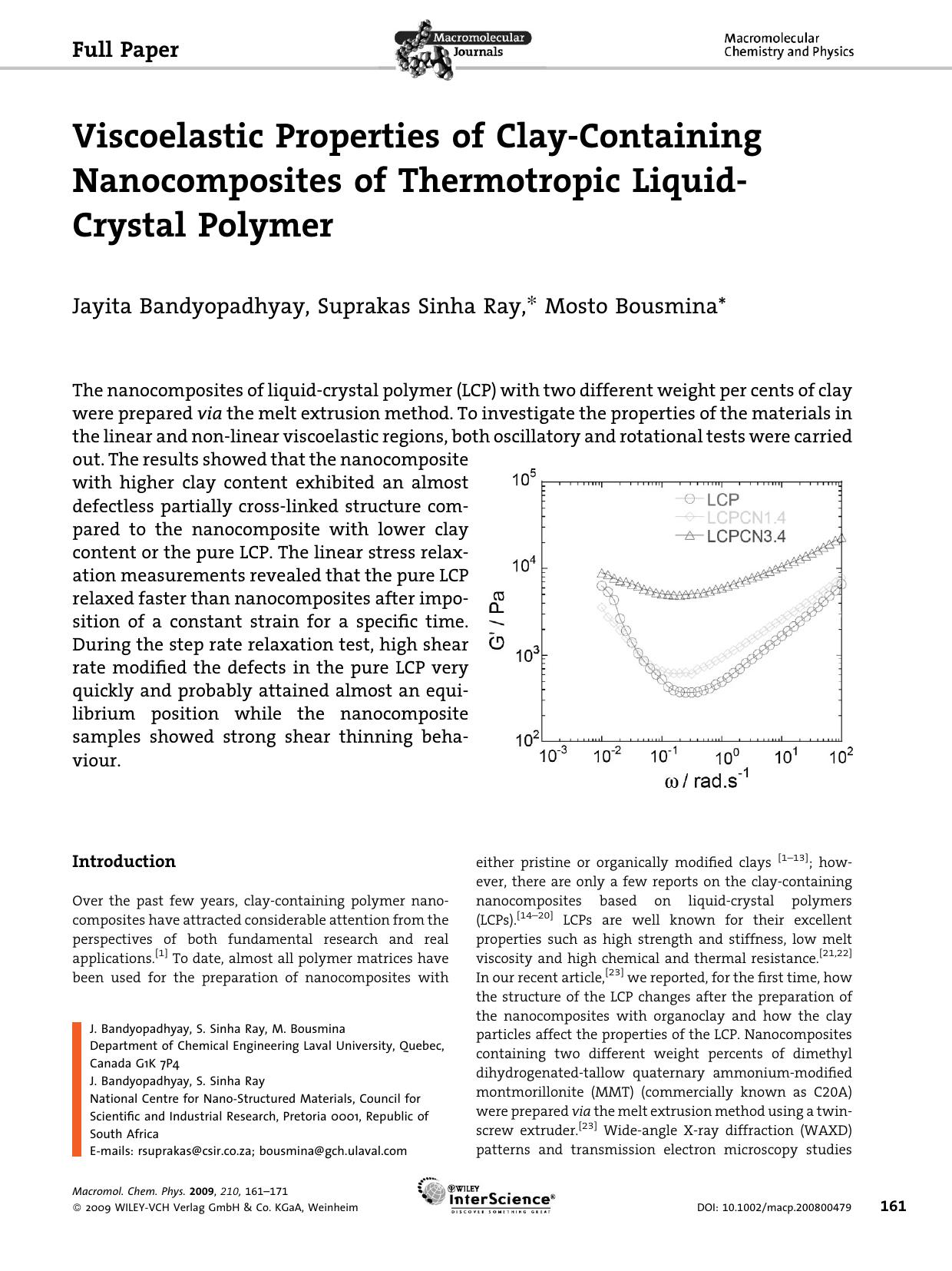 Viscoelastic Properties of Clay-Containing Nanocomposites of Thermotropic Liquid-Crystal Polymer by Unknown