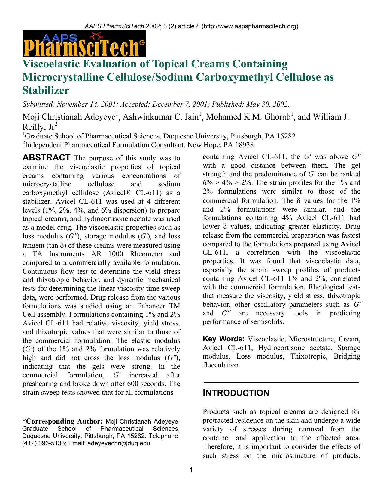 Viscoelastic evaluation of topical creams containing microcrystalline cellulosesodium carboxymethyl cellulose as stabilizer by Unknown
