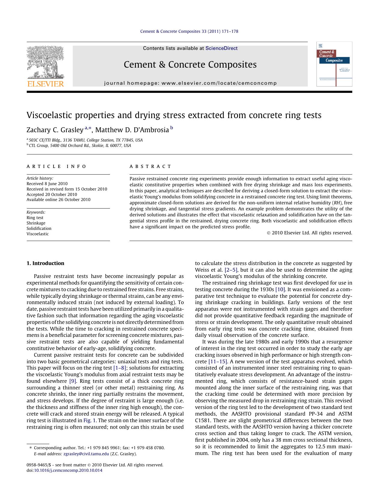 Viscoelastic properties and drying stress extracted from concrete ring tests by Zachary C. Grasley & Matthew D. D’Ambrosia