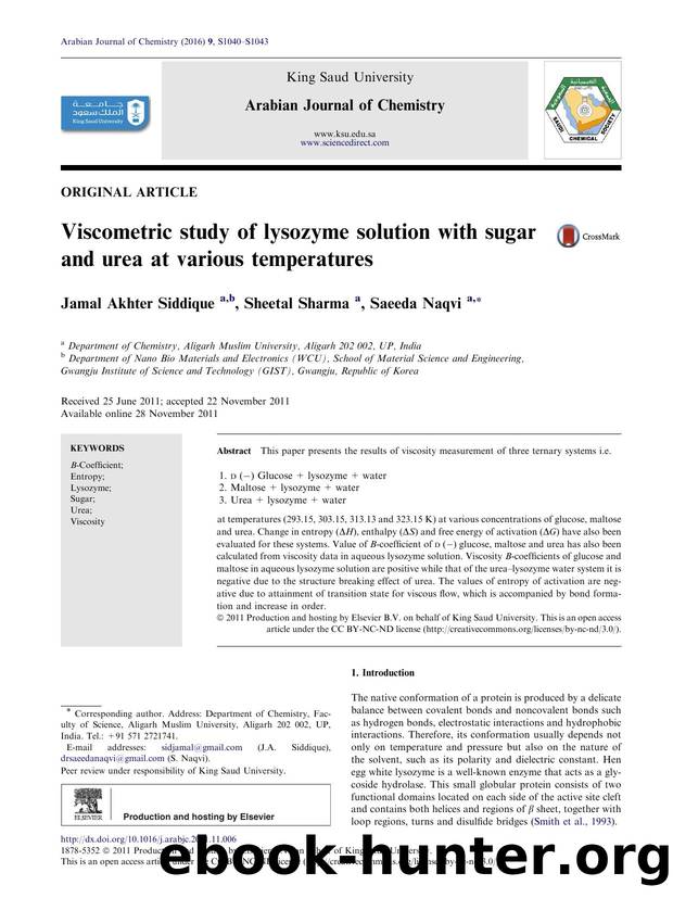 Viscometric study of lysozyme solution with sugar and urea at various temperatures by Jamal Akhter Siddique & Sheetal Sharma & Saeeda Naqvi