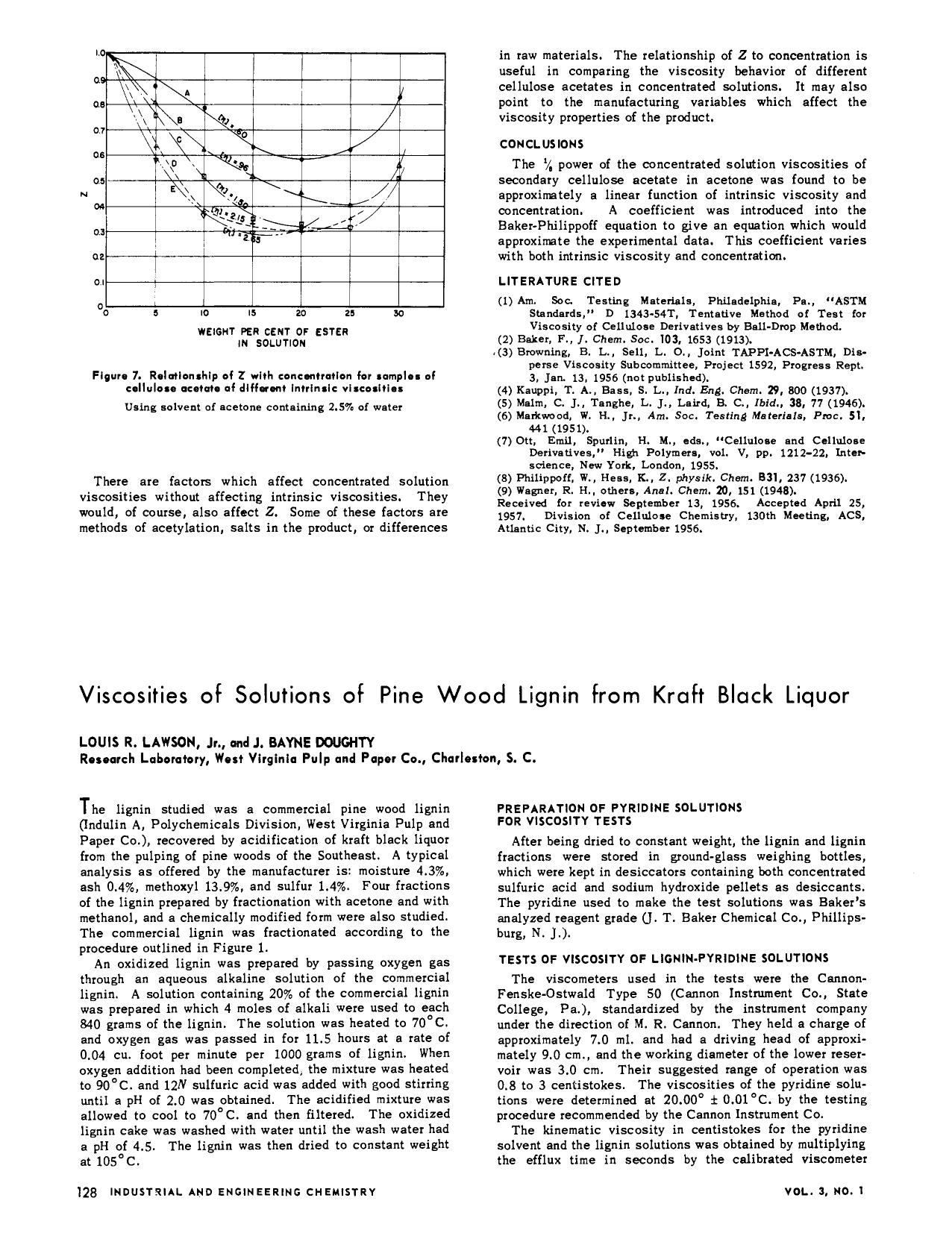 Viscosities of Solutions of Pine Wood Lignin from Kraft Black Liquor. by J. Lawson Jr. J. Doughty