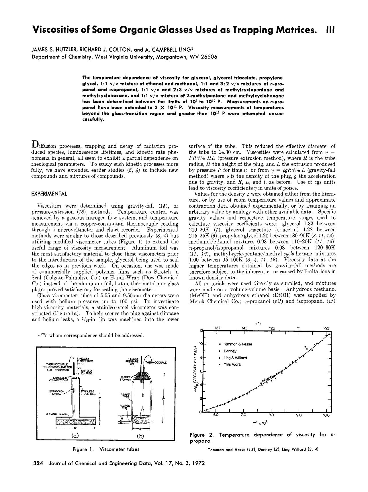 Viscosities of some organic glasses used as trapping matrices. III by James S. Hutzler Richard J. Colton A. Campbell Ling