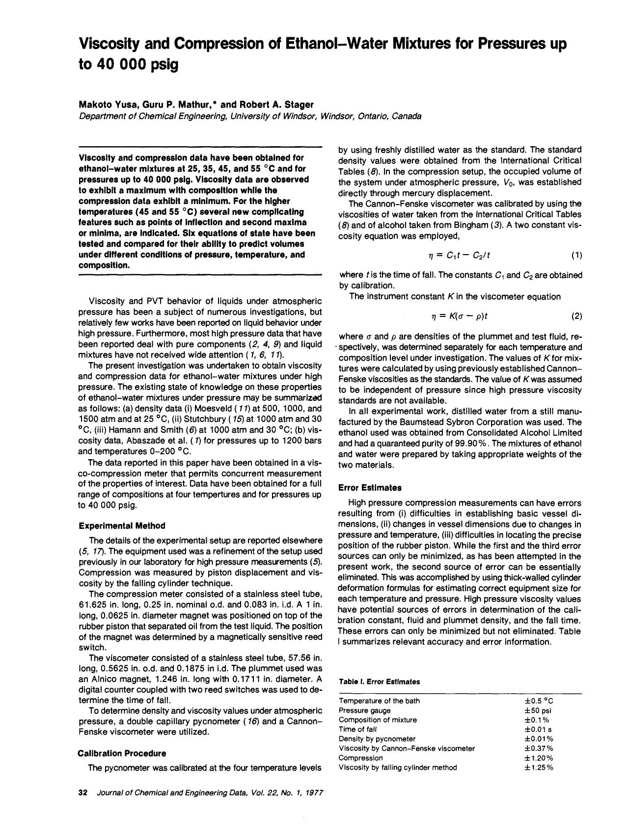 Viscosity and compression of ethanol-water mixtures for pressures up to 40,000 psig by Makoto Yusa Guru P. Mathur Robert A. Stager